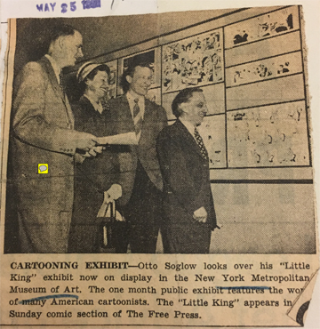I have not found many photos of this show. Here, for scholarly purposes only, is a clipping from the Colorado Springs (CO) Free Press, showing the Mondrian style grid display. Otto Soglow was the Chair of the NCS committee that organized the exhibit.