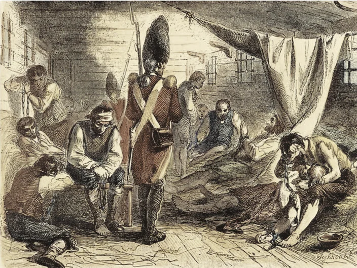 Artist's impression of the interior of the prison ship Jersey, one of the most notorious in the British Fleet