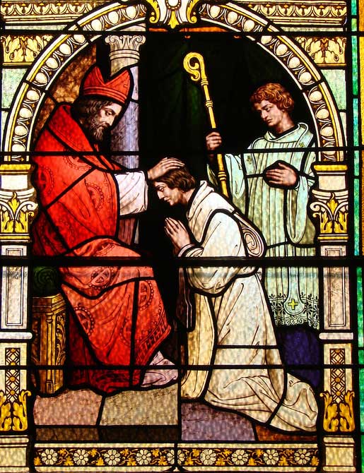 Archbishop Ambrose of Milan is seen here receiving a young Augustine