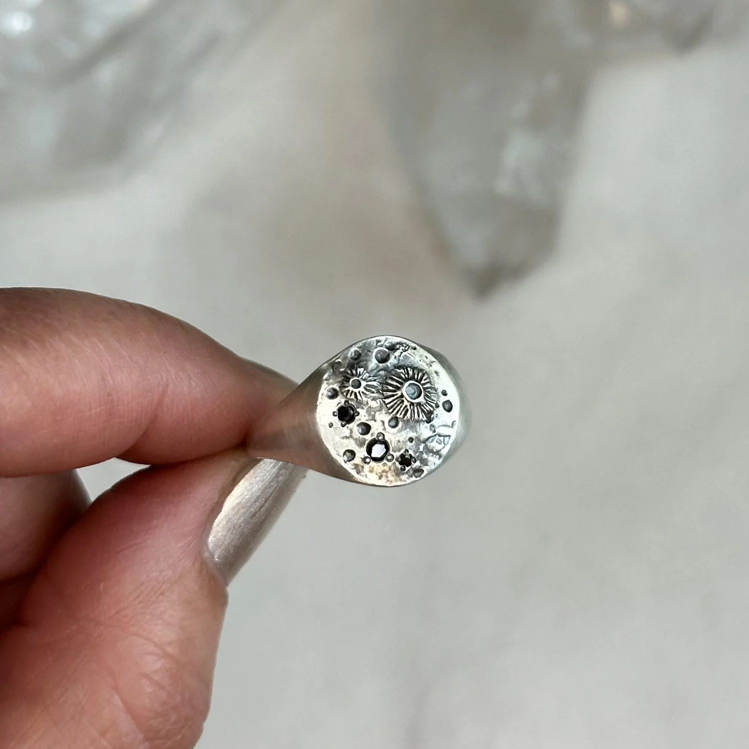 Silver Full Moon Signet: black diamond, brushed finish — Luana