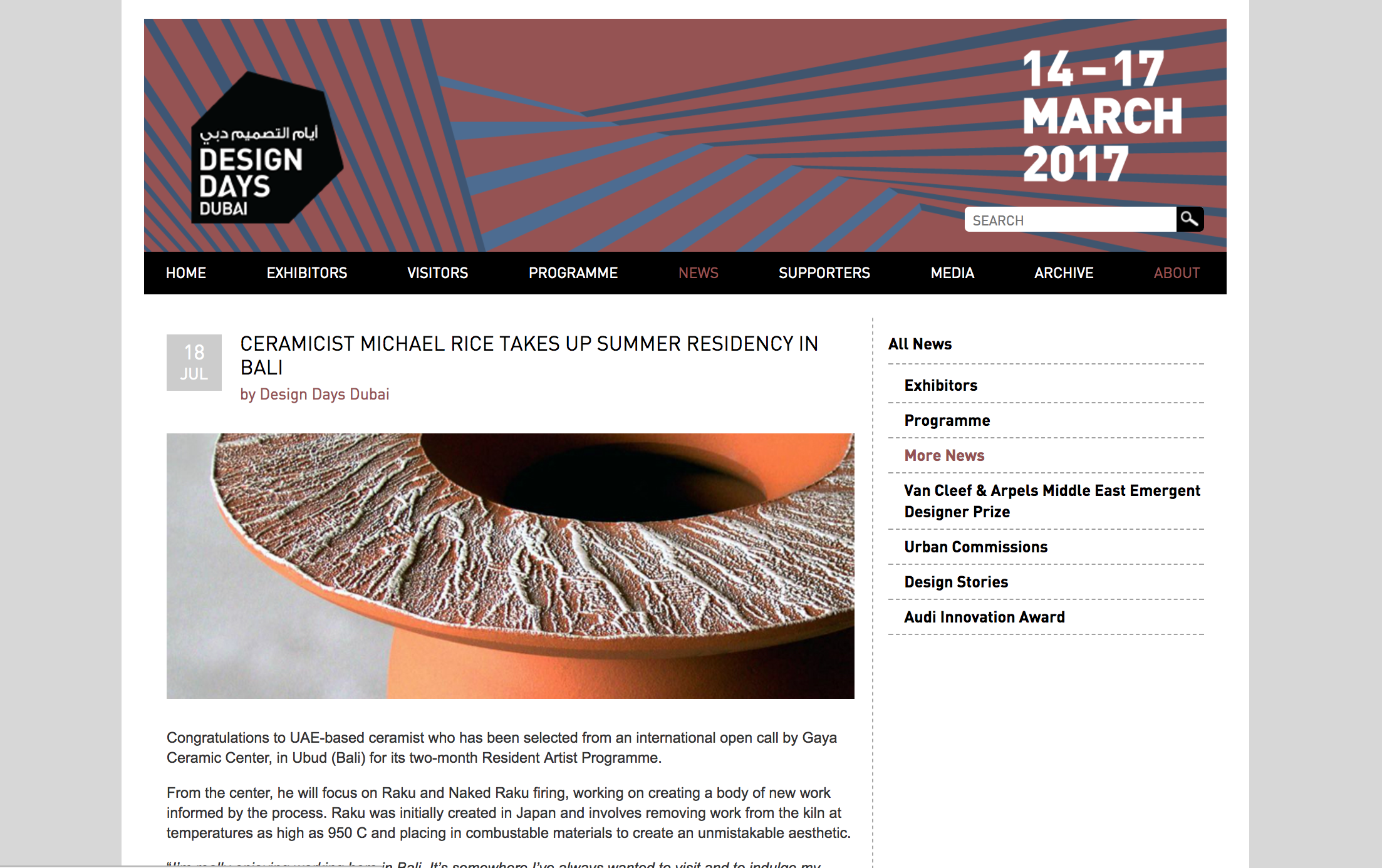 Featured on the DesignDaysDubai website http://www.designdaysdubai.ae/news/more-news/2017/07/ceramicist-michael-rice-takes-up-summer-residency-in-bali/