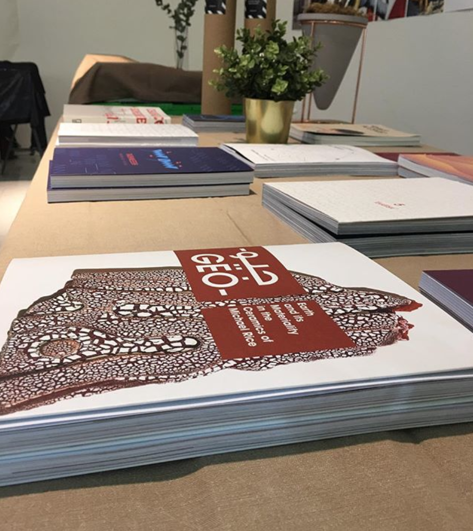  launching the exhibition catalogue for  "GEO- Earth and its Materiality in the Ceramics of Michael Rice", at Alserkal Ave during ‘Art Week 2019’  Published by Maraya Ar t Centre 2019  نشر من قبل مركز مرايا للفنون 2019   ISBN 978-9948-37-156-4 