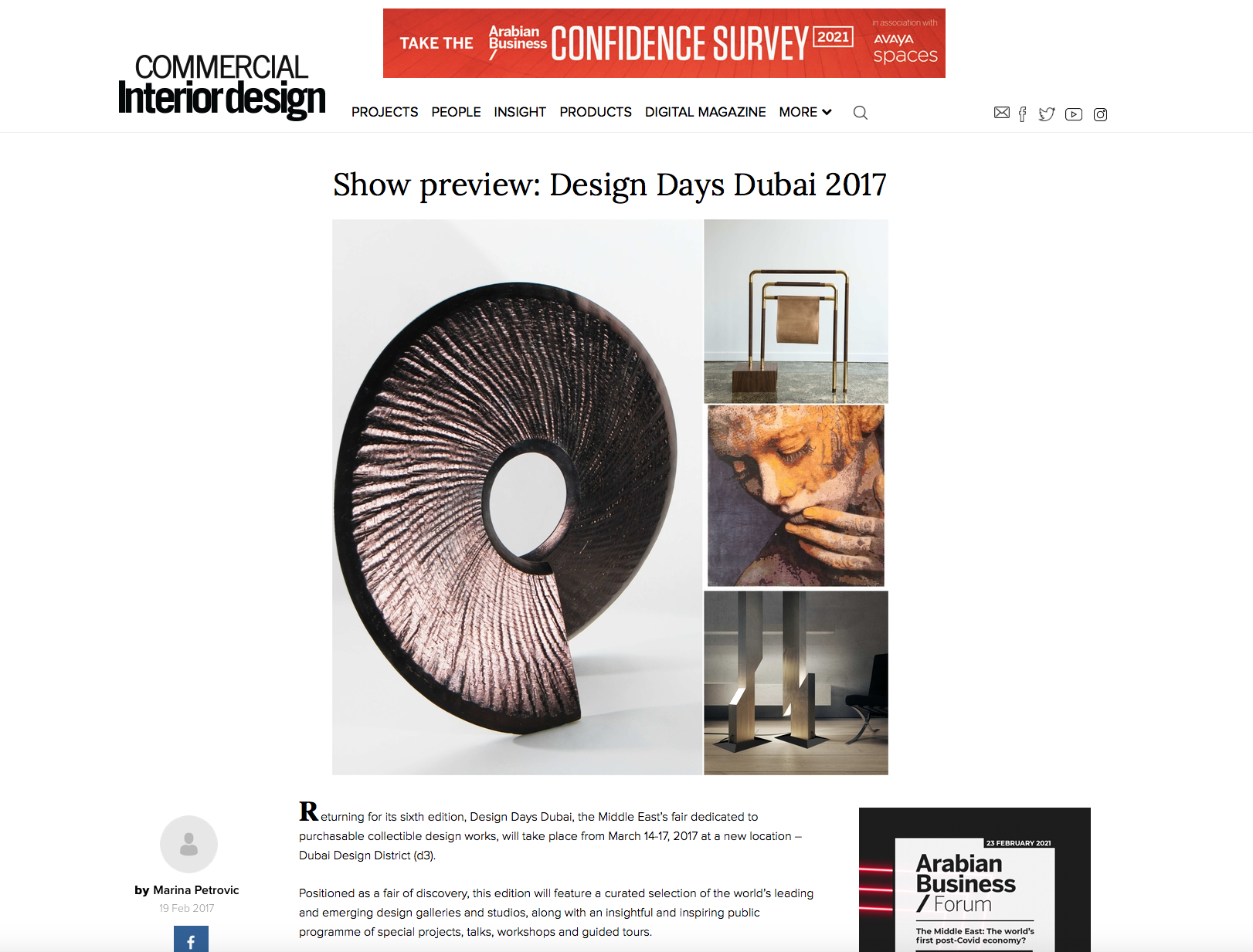  Featured in Commercial Interior Design Show preview: Design Days Dubai 2017  https://www.commercialinteriordesign.com/specify/show-preview-design-days-dubai-2017 