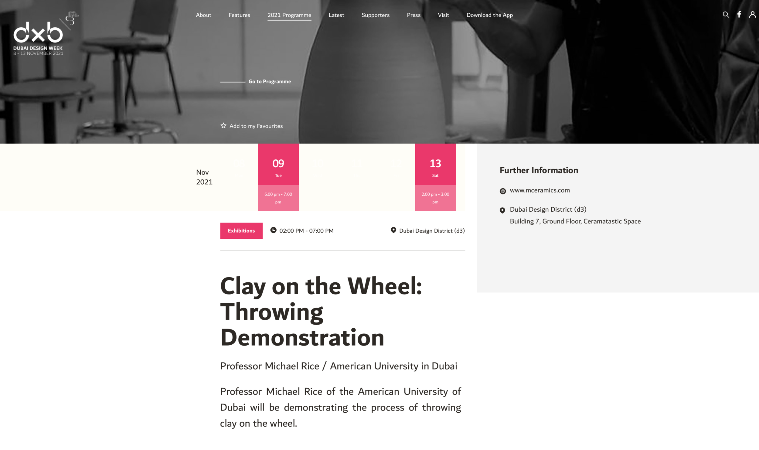  Throwing Demo at Dubai Design Week 2021  https://www.dubaidesignweek.ae/programme/2021/clay-wheel-throwing-demonstration/ 