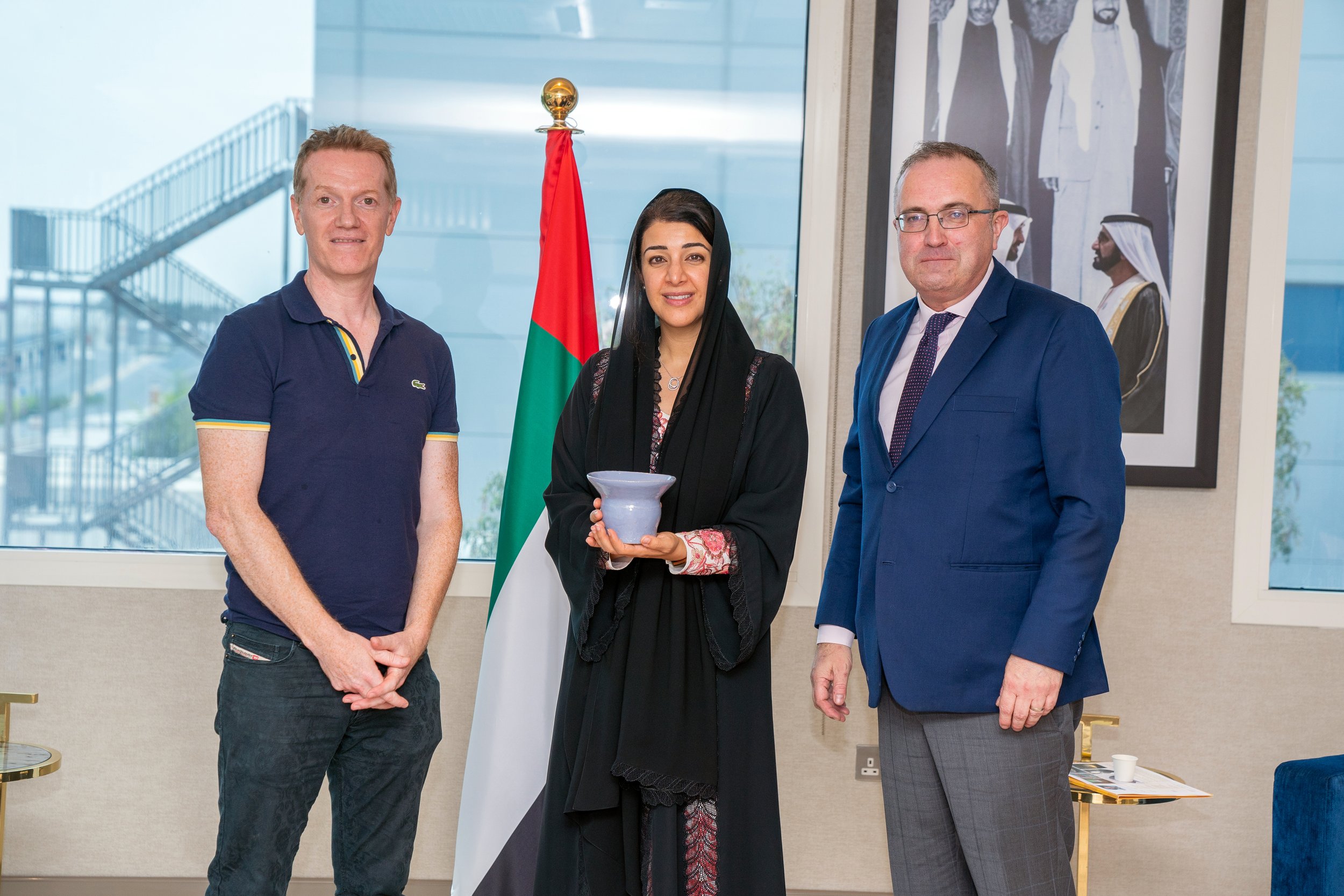  Fantastic to again meet HE Reem Al Hashimi, Director of EXPO2020 along with the Irish Ambassador to the UAE, Aidan Cronin, at her offices on site at EXPO2020 to present her with the vessel she made on St Patricks Day at the Irish Expo Pavilion. 