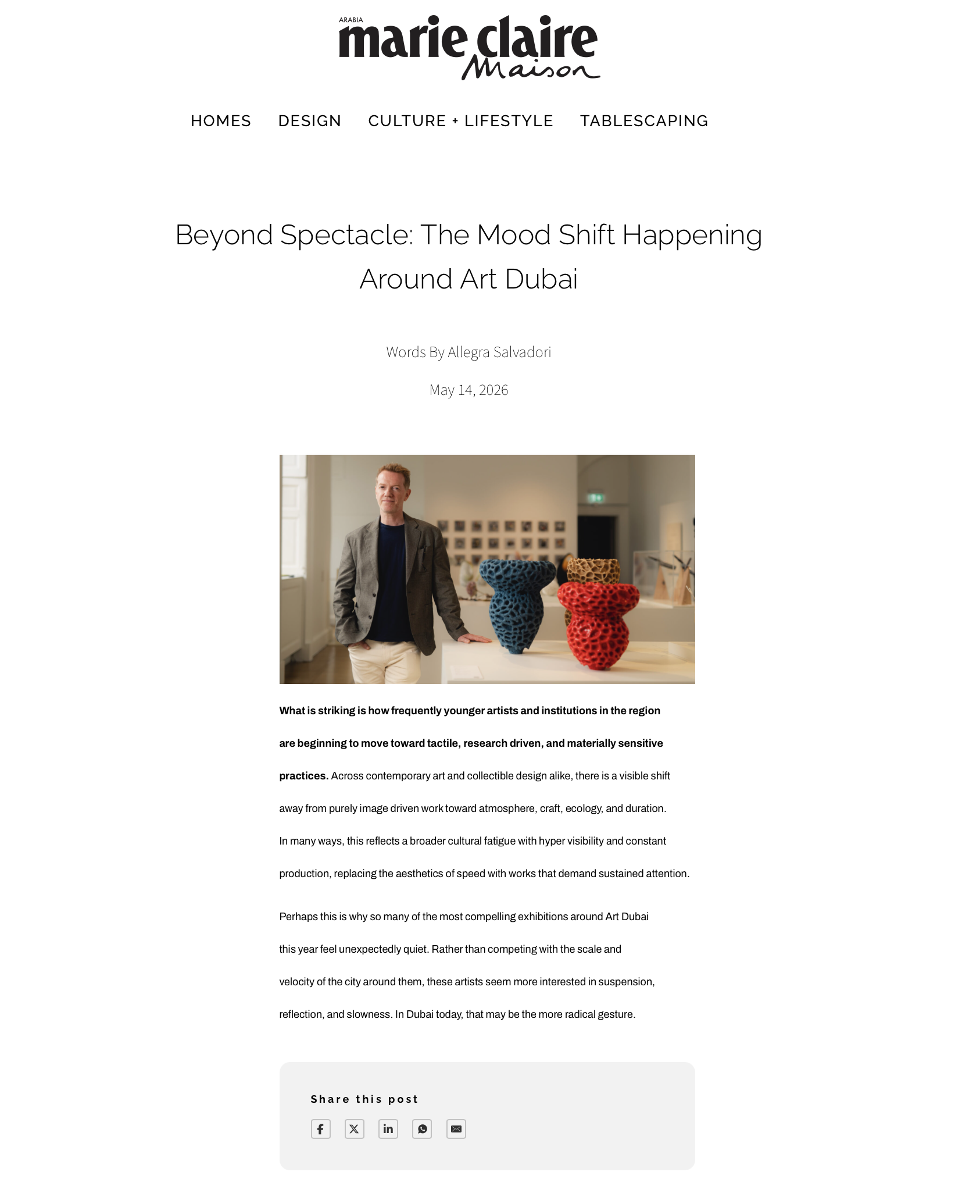  Featured in Marie Claire Arabia for Hestia Gallery in Dubai for Art Week 26.   https://maison.marieclairearabia.com/beyond-spectacle-the-mood-shift-happening-around-art-dubai/  