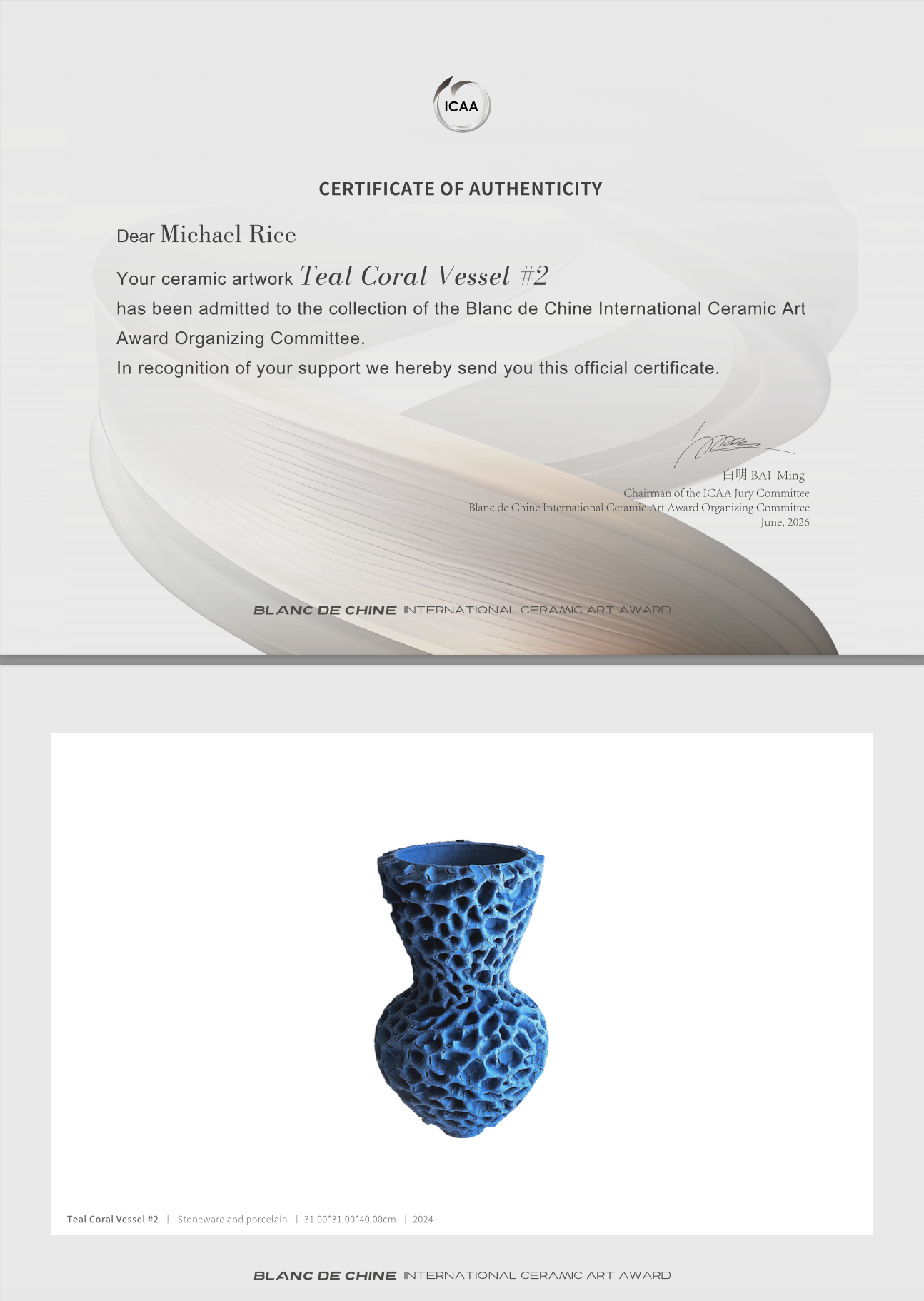  Honoured to have my work part of the Blanc de Chine Award collection. 