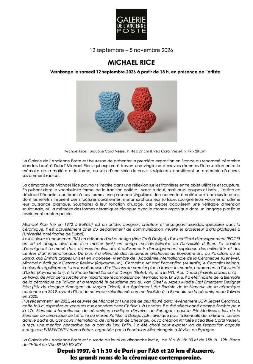  Press Release for the upcoming show in France with  Galerie de l'Ancienne Poste    https://galerie-ancienne-poste.com/wp-content/uploads/2026/06/Communique-presse-Michael-Rice-09-2026-1.pdf  