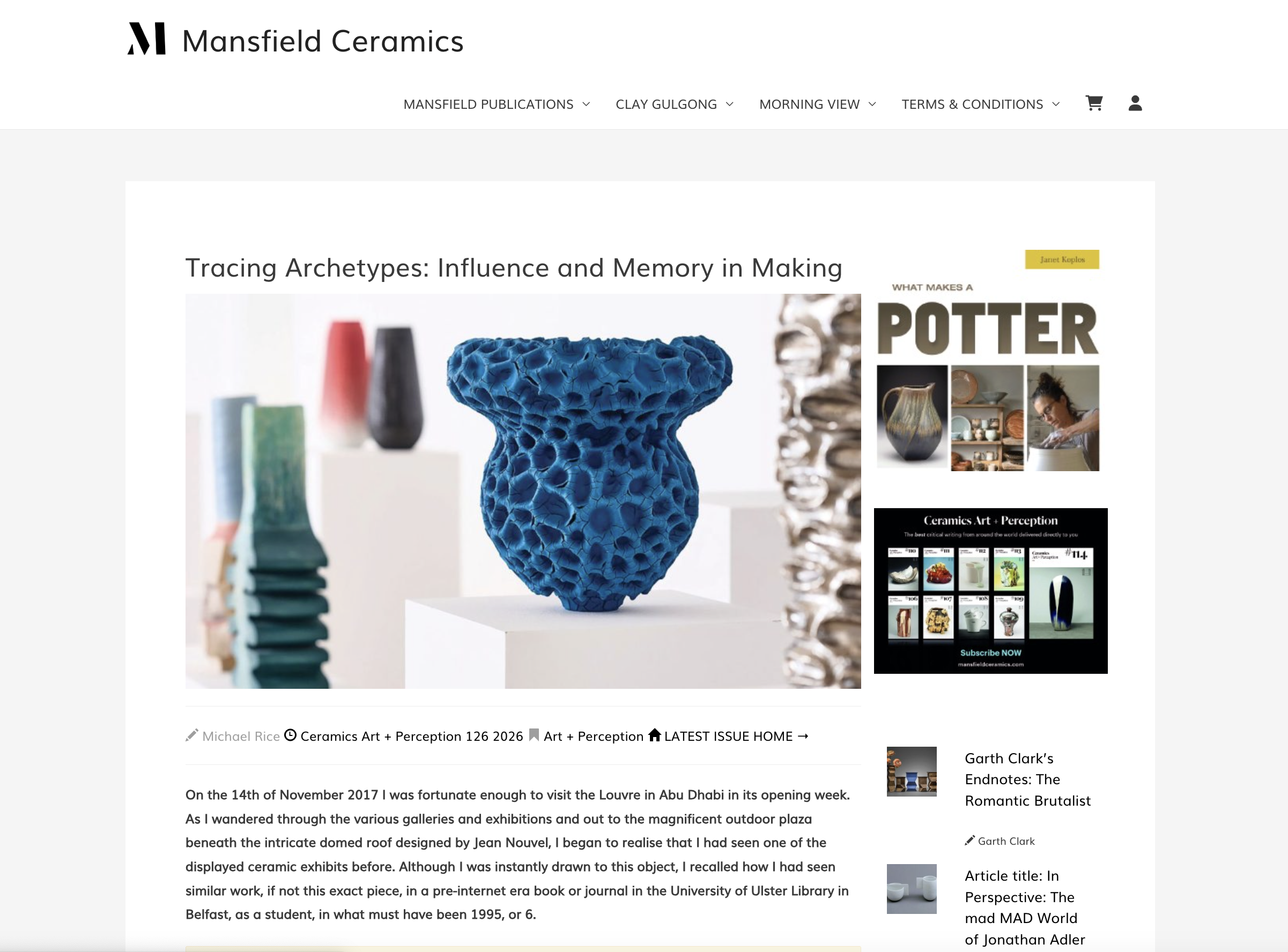  As featured in Ceramics Art and Perception, on the Mansfield Ceramics website:   https://www.mansfieldceramics.com/cap-articles/tracing-archetypes-influence-and-memory-in-making/  