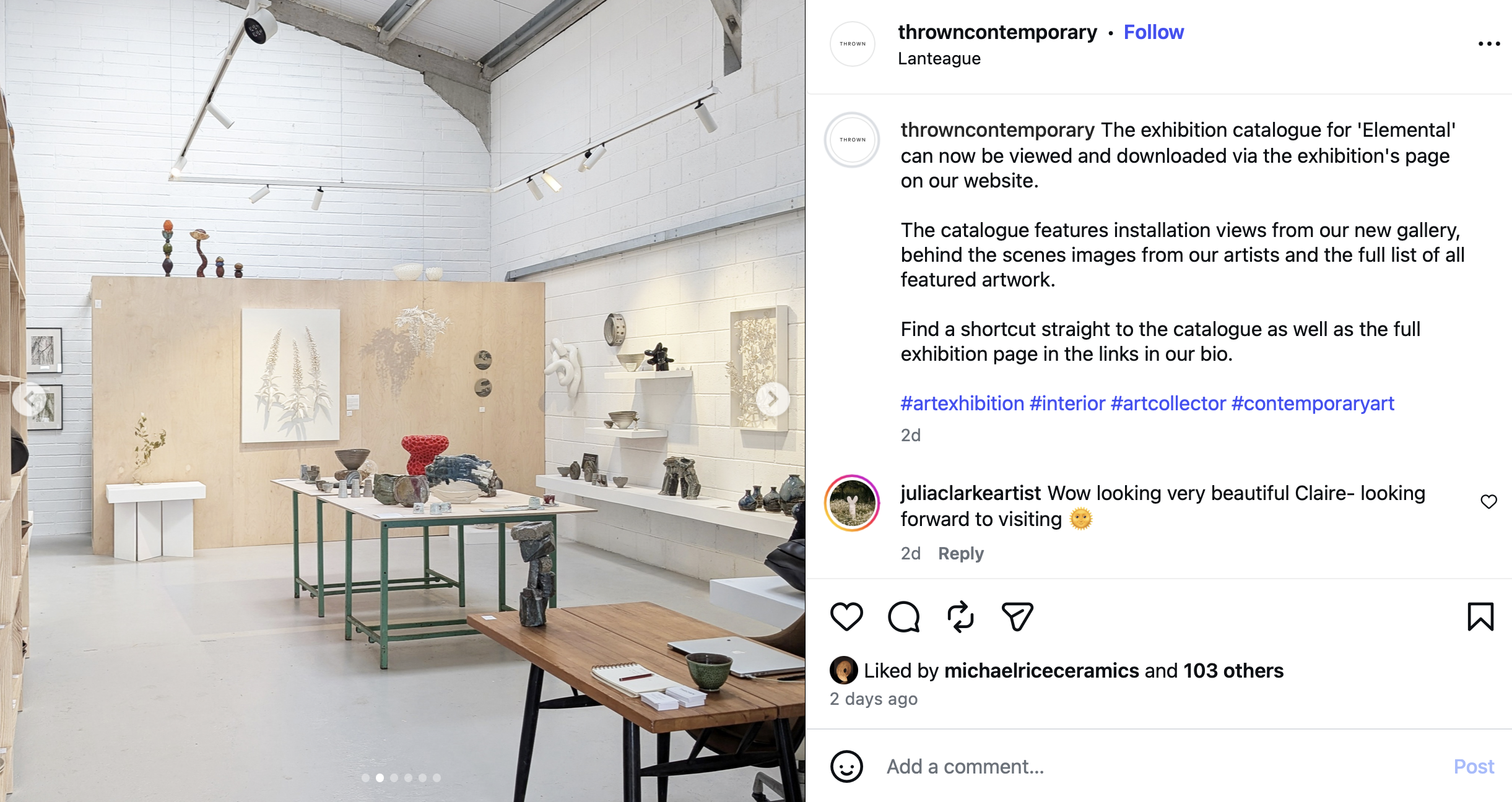  Currently exhibiting with @throwncontemporary, in the ‘Elemental’; show    https://www.instagram.com/p/Dbn6TifjXZt/?img_index=2  