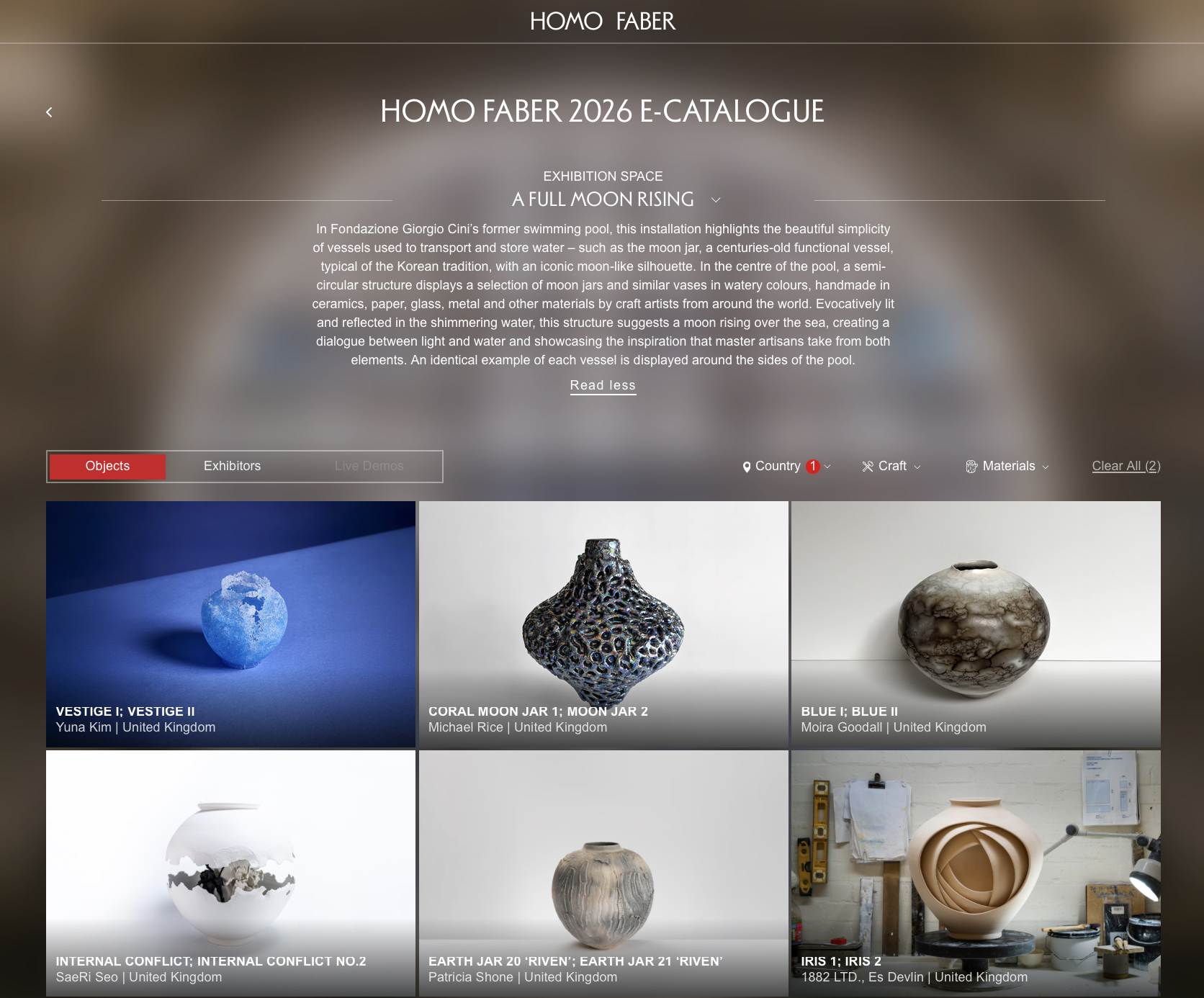  HOMO FABER 2026 E-CATALOGUE  EXHIBITION SPACEA FULL MOON RISING  In Fondazione Giorgio Cini’s former swimming pool, this installation highlights the beautiful simplicity of vessels used to transport and store water – such as the moon jar, a centurie