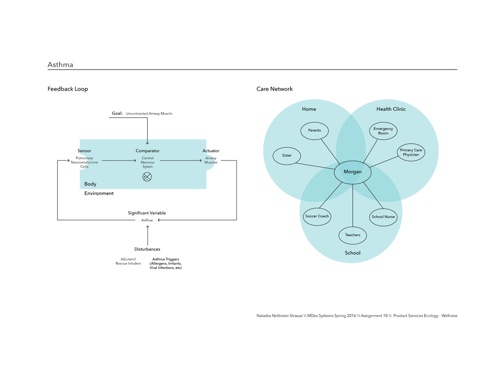 FEEDBACK LOOP & CARE NETWORK: The feedback loop diagram explains how asthma is treated within the body, while the care network maps the systems and touchpoint the child interacts with in managing care.