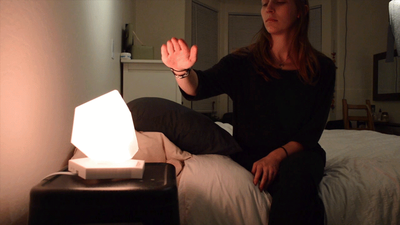 GESTURE CONTROL: I created a set of six gestures to control the main functionality of the Circadian. For example holding your hand in front of Circadian turns it on an off, while raising your hand up or down controls the brightness level.