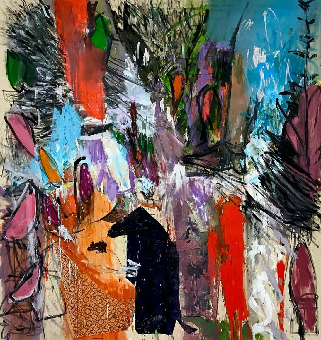 Stalker, 170x160cms, charcoal, cotton, leather, oil, silk and wallpaper on canvas, 2024.