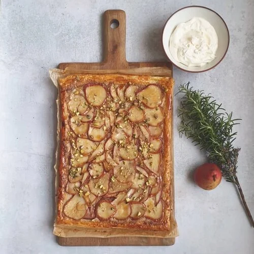 PEAR, ALMOND + CINNAMON TART