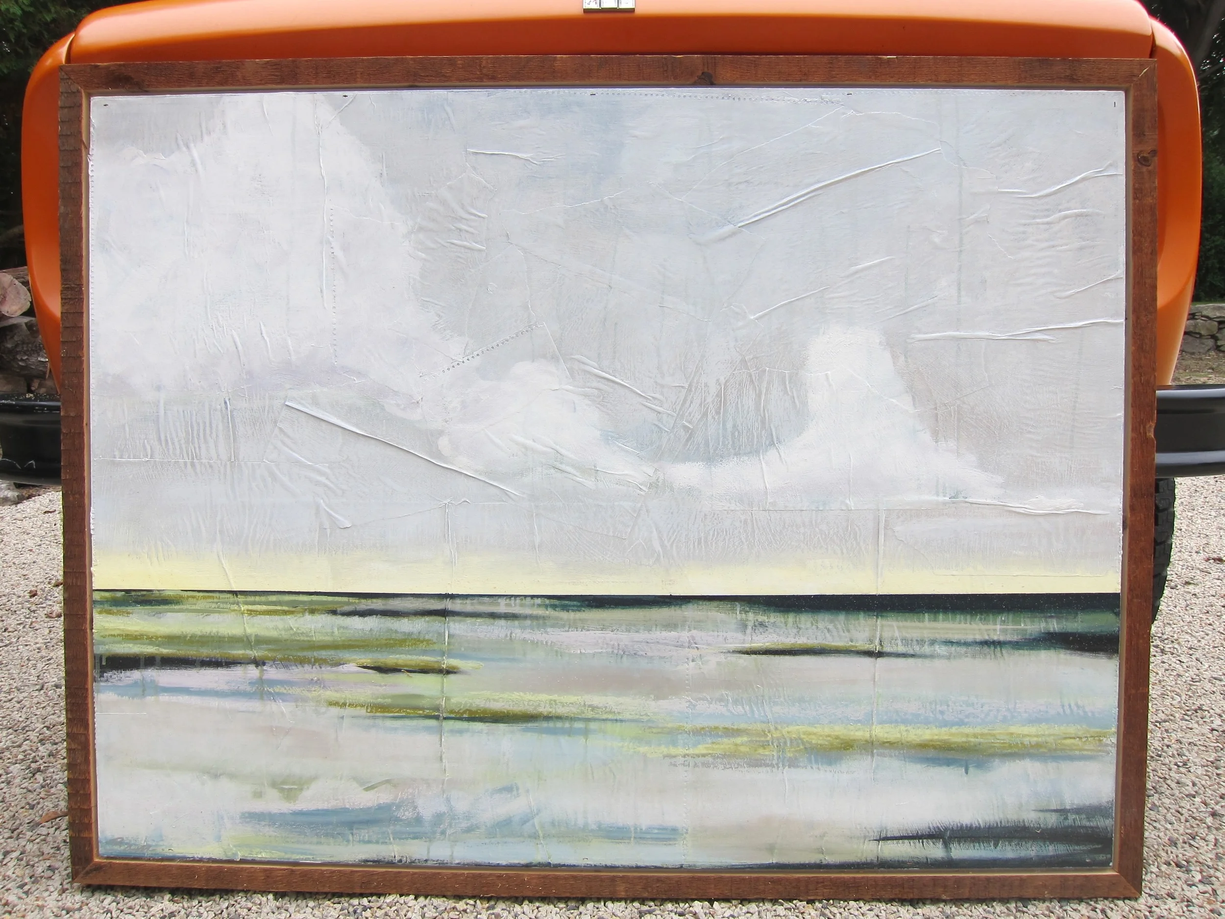 "Mystic Tide Lines" 36X48 IN Acrylic on Maps on Panel. Vintage Barn Wood Frame SOLD