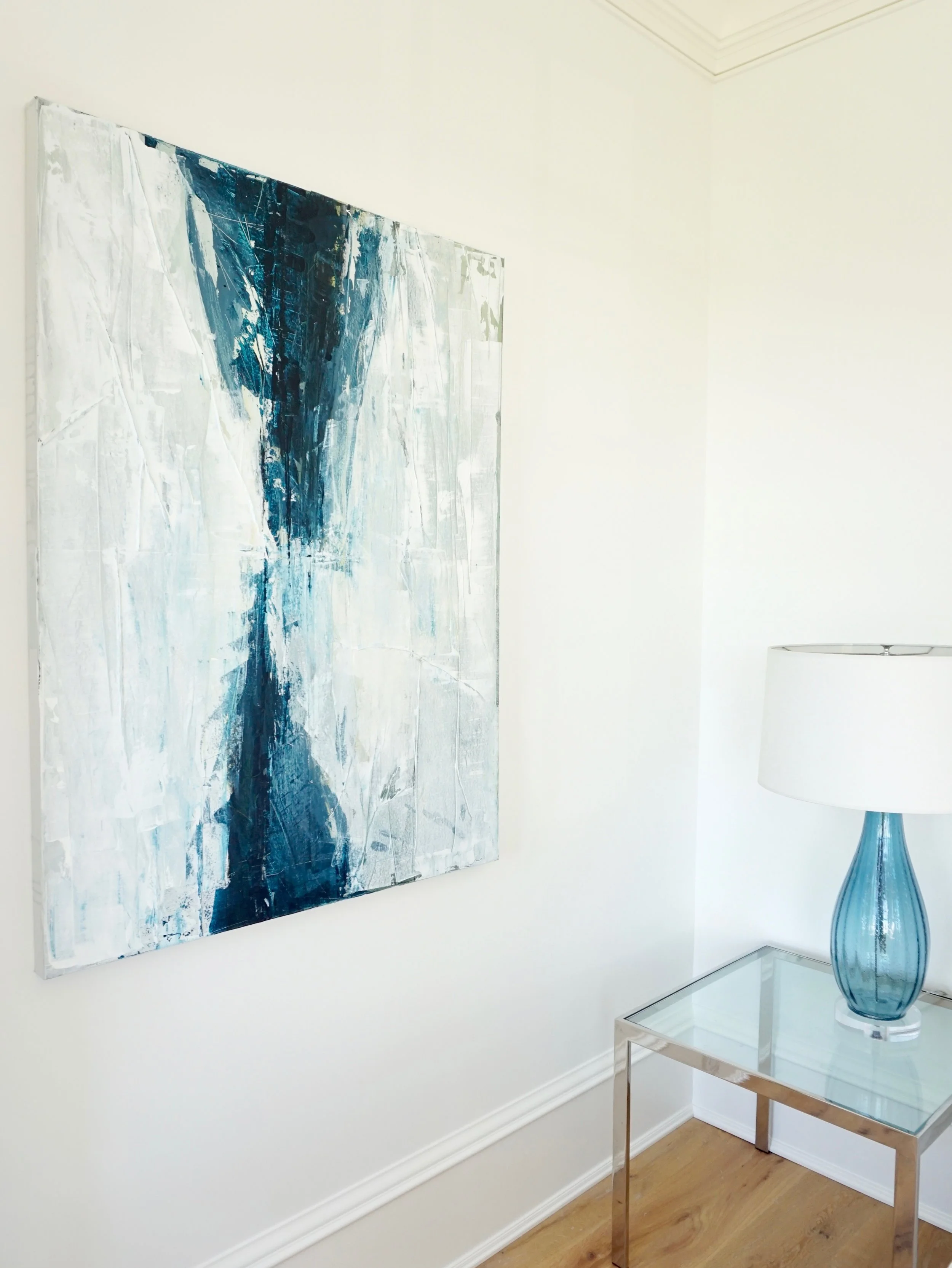 "Indigo Reflections" Acrylic on Newspaper on Canvas 36X48 IN FOR SALE $3,000