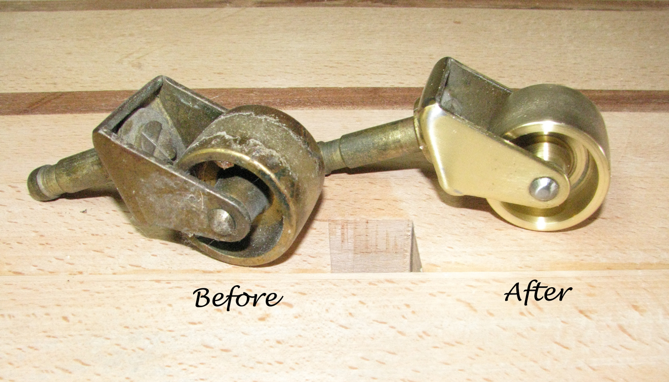 Before and after of Steinway Model M casters.