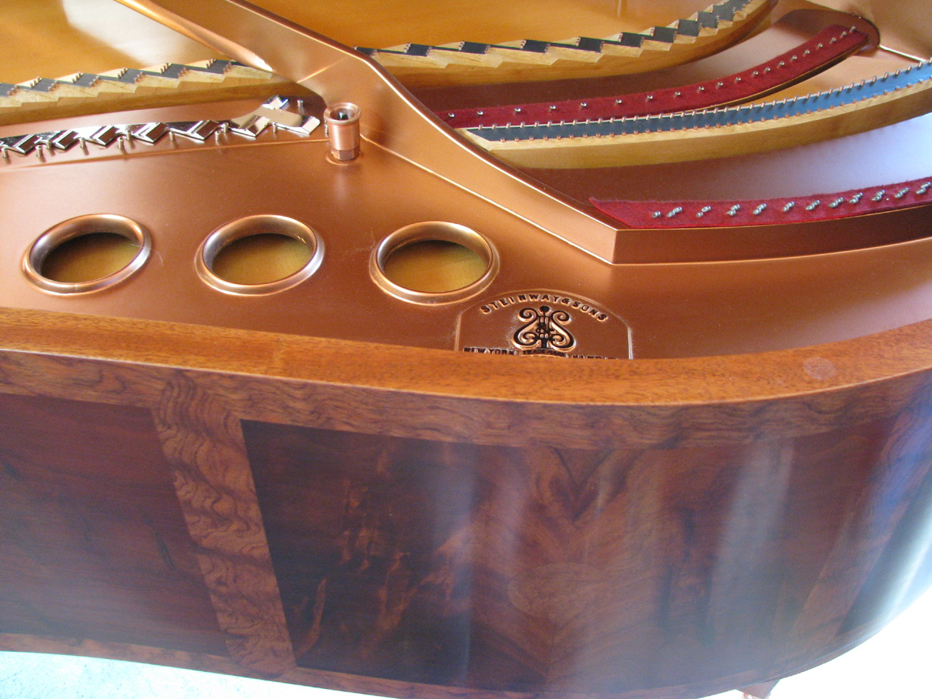 Steinway & Sons "Sunburst" veneer project. Veneer design and execution by Watson Piano Works, 2015.
