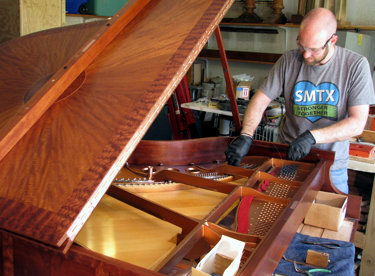 Stringing Steinway & Sons "Sunburst" veneer project. Veneer design and execution by Watson Piano Works, 2015.