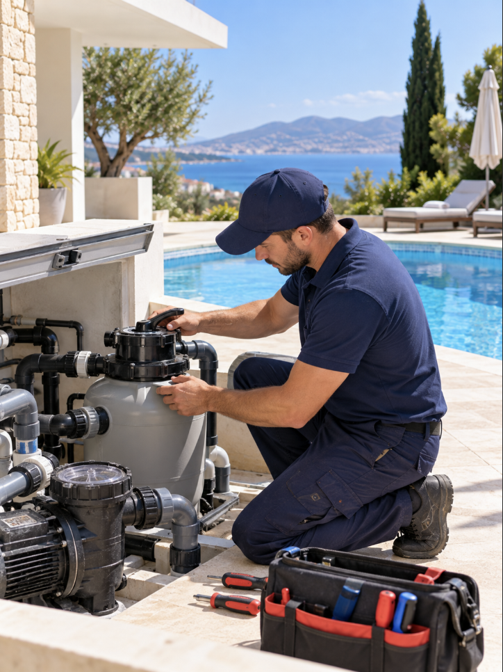 Pool technician servicing swimming pool filtration equipment at a villa in Cyprus