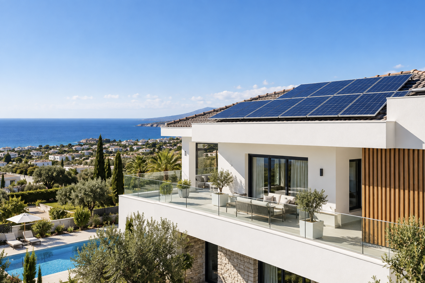 Modern villa in Cyprus with rooftop solar panels