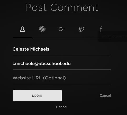 You can associate your comment with social media platforms. From left to right, "no platform," SquareSpace, Google+, Twitter, and Facebook.