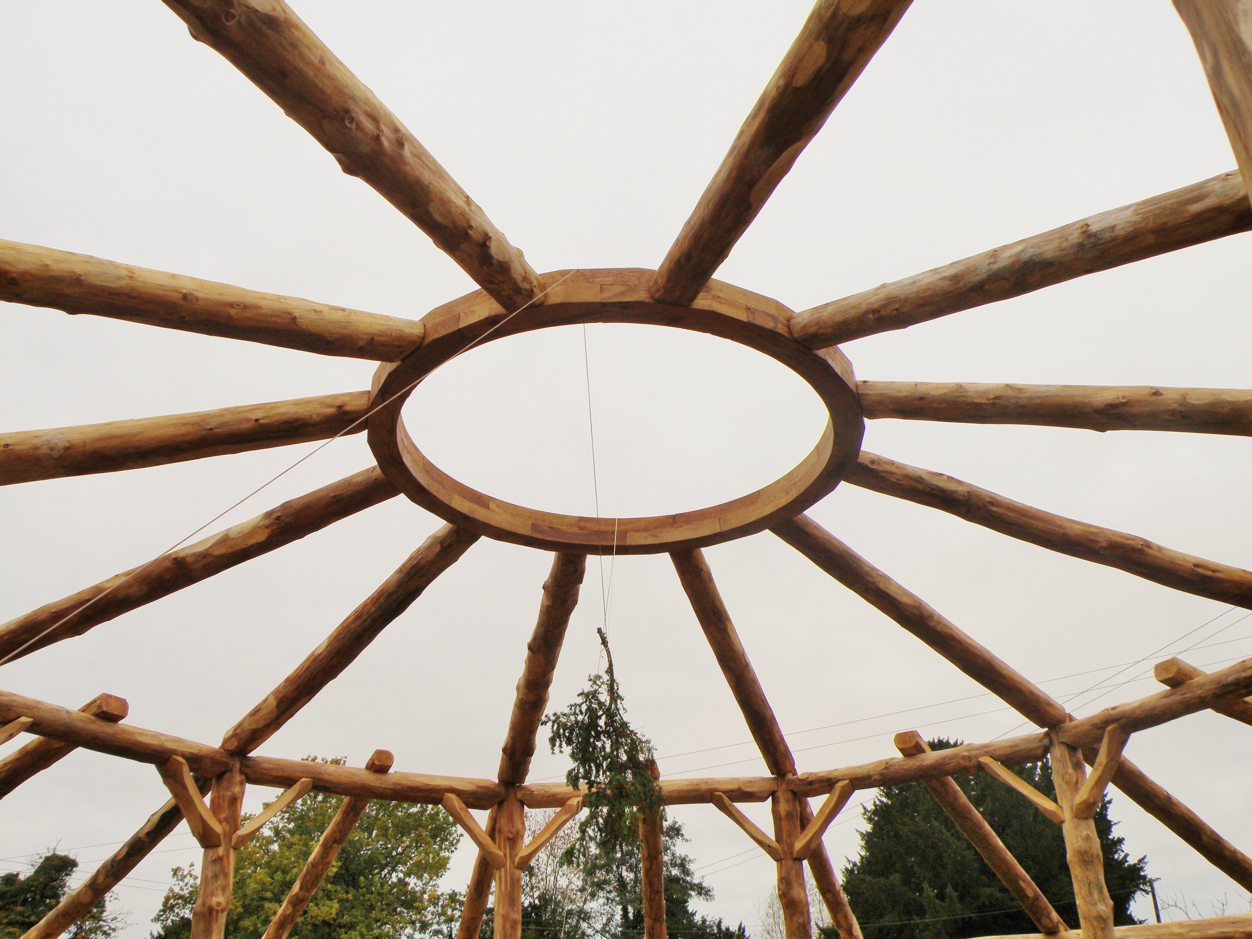 central oak ring roundhouse timber frame green carpentry bristol traditional framing roundwood larch.JPG