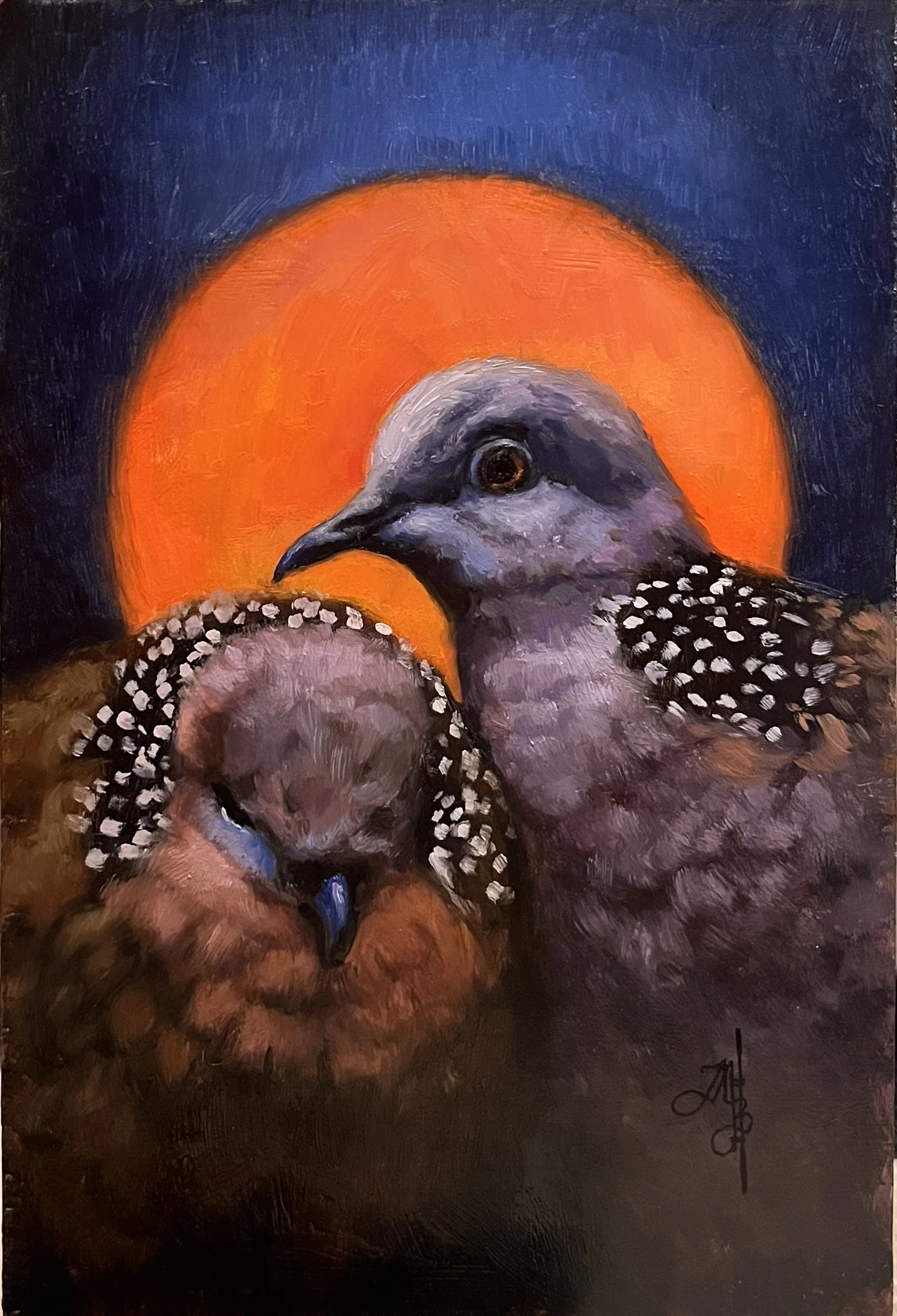 "Two Turtle Doves", Monica Baumann, 6x4 inches, Oil on Panel