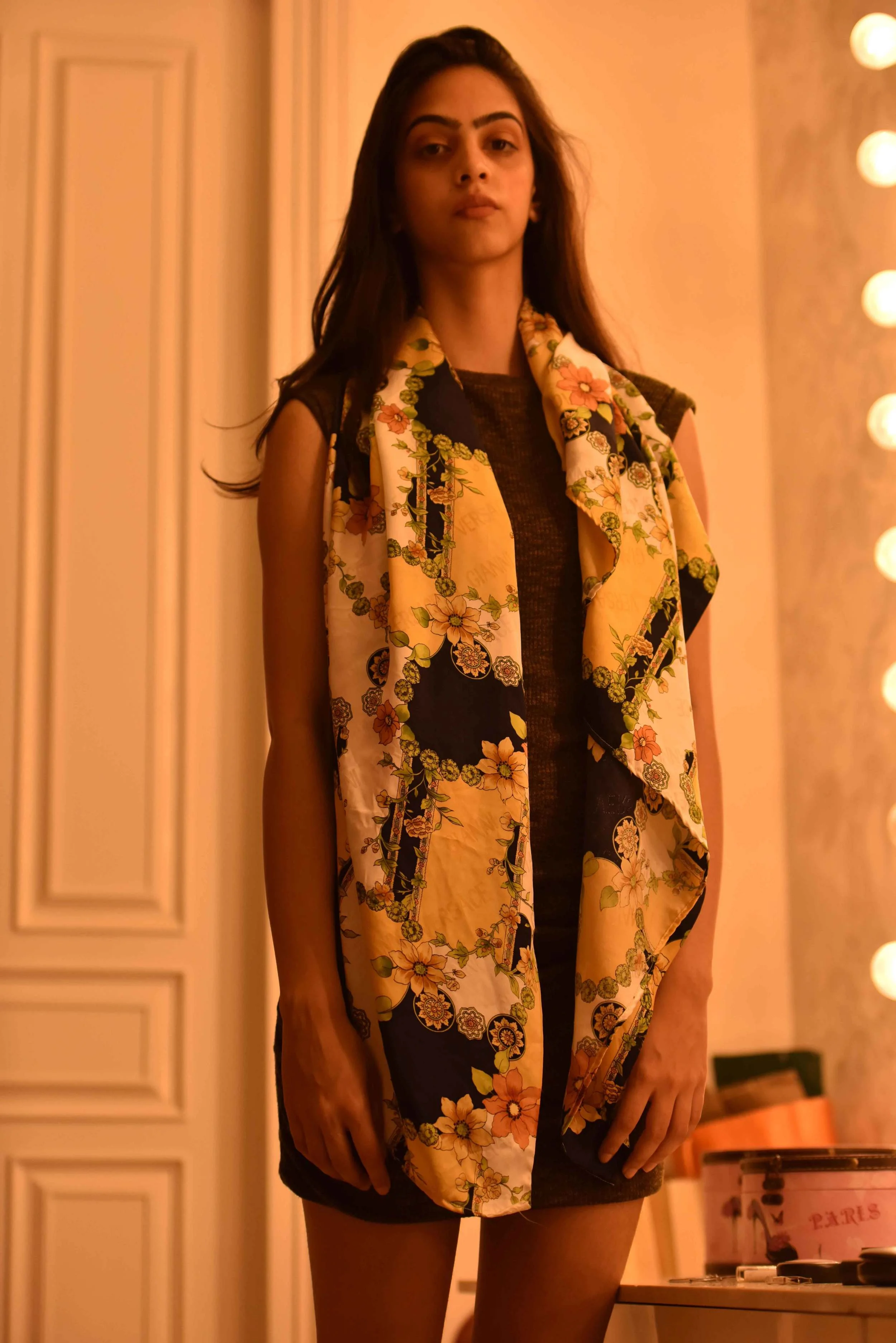 The scarf thrown just around the neck! Versace scarf, model: Mannat Dhaliwal, image©gunjanvirk.