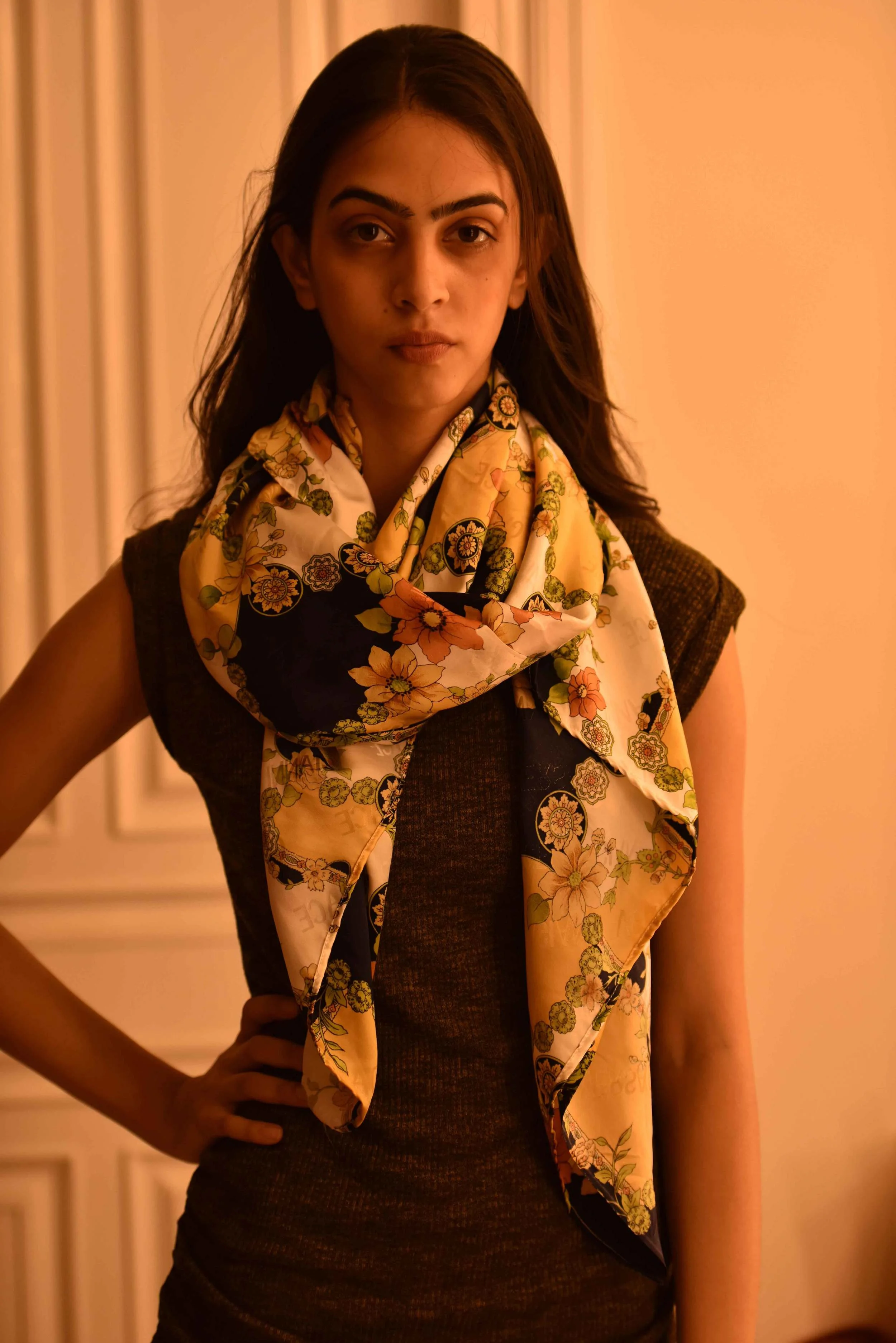 just another way of tying a scarf! Versace scarf, model: Mannat Dhaliwal, image©gunjanvirk.