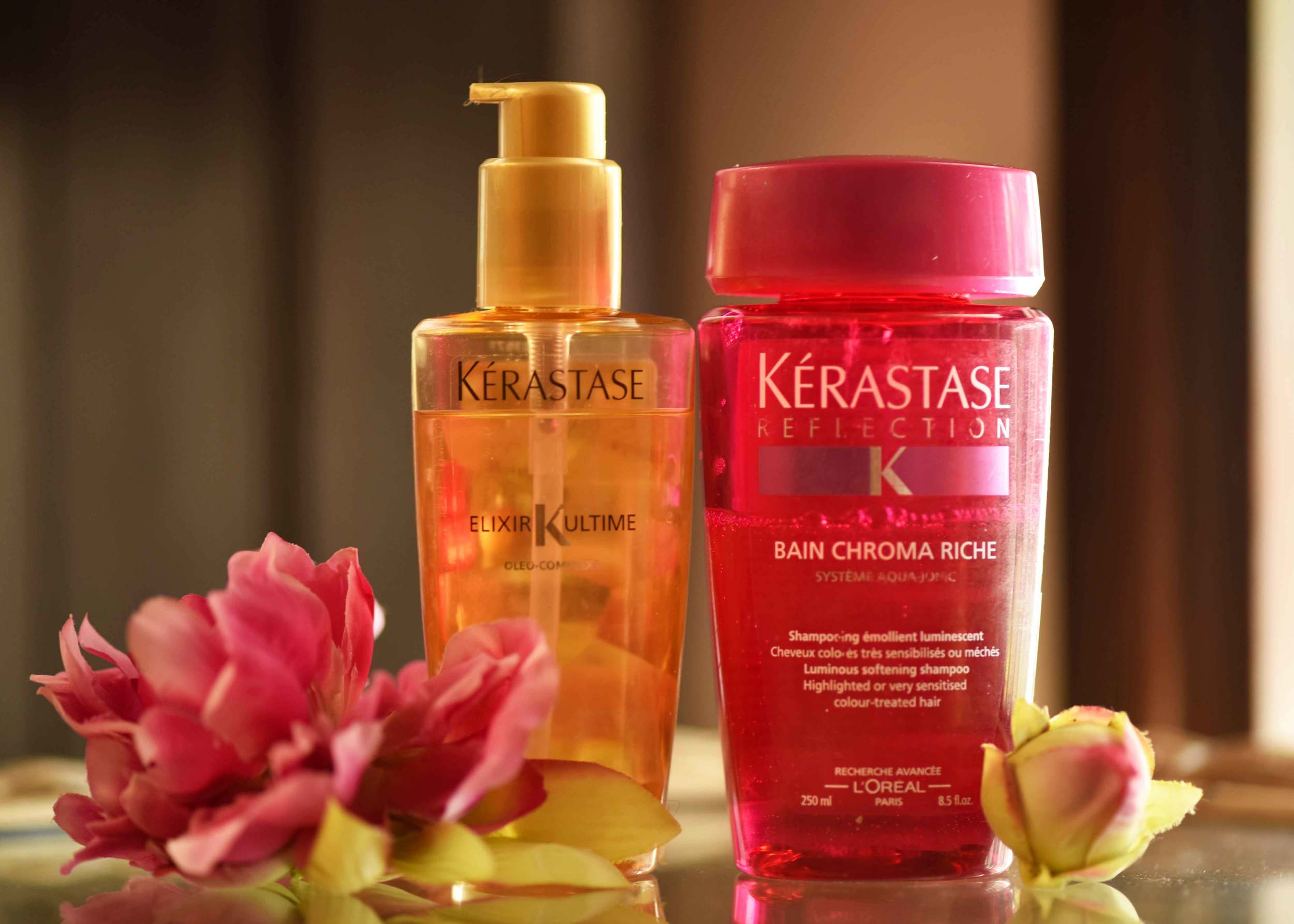 Kerastase Elixir Ultime oil and Kerastase Reflection Bain Chroma Rich shampoo. Image©gunjanvirk