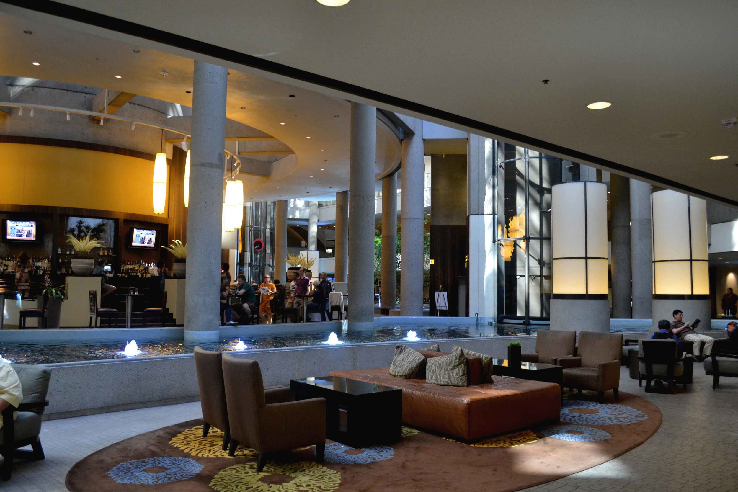 Westin Bonaventure Lobby at ground level with Starbucks Coffee in the rear, Westin Bonaventure, L.A. Image©sourcingstyle.com