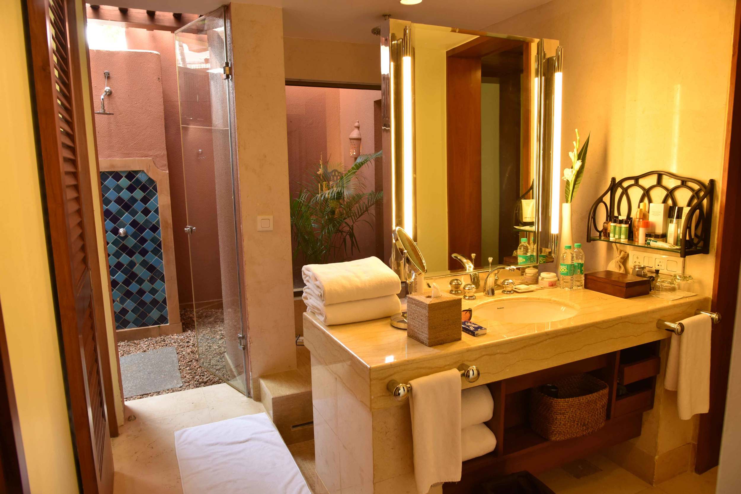 Luxurious restroom in my room at the Park Hyatt Hotel, Goa with an outside shower, image©sourcingstyle.com