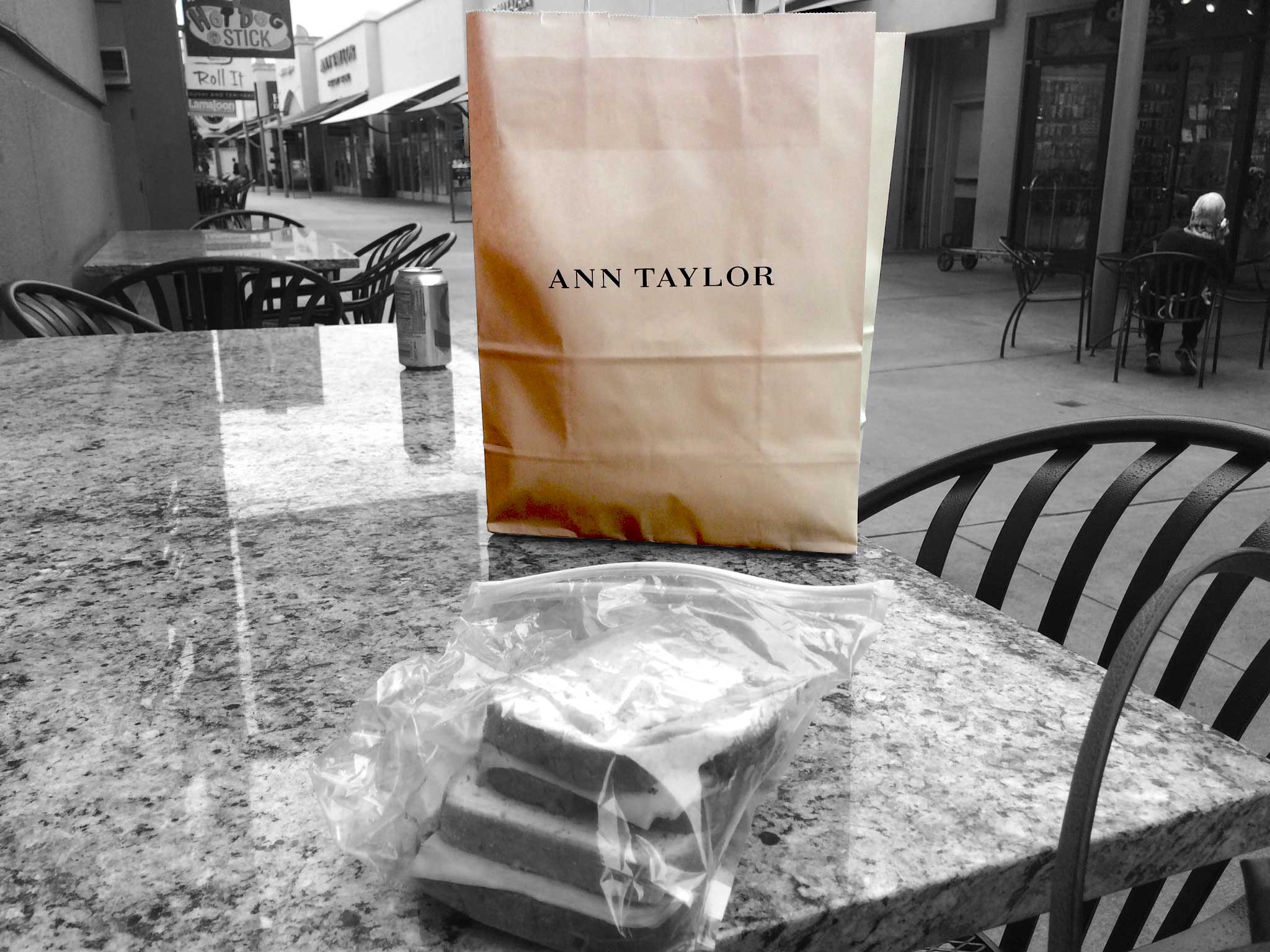 Just came out of Ann Taylor-bought 3 modal full-sleeved tees for the price of one! Now time for a sandwich! Citadel Outlets, LA, CA, USA. Image©gunjanvirk