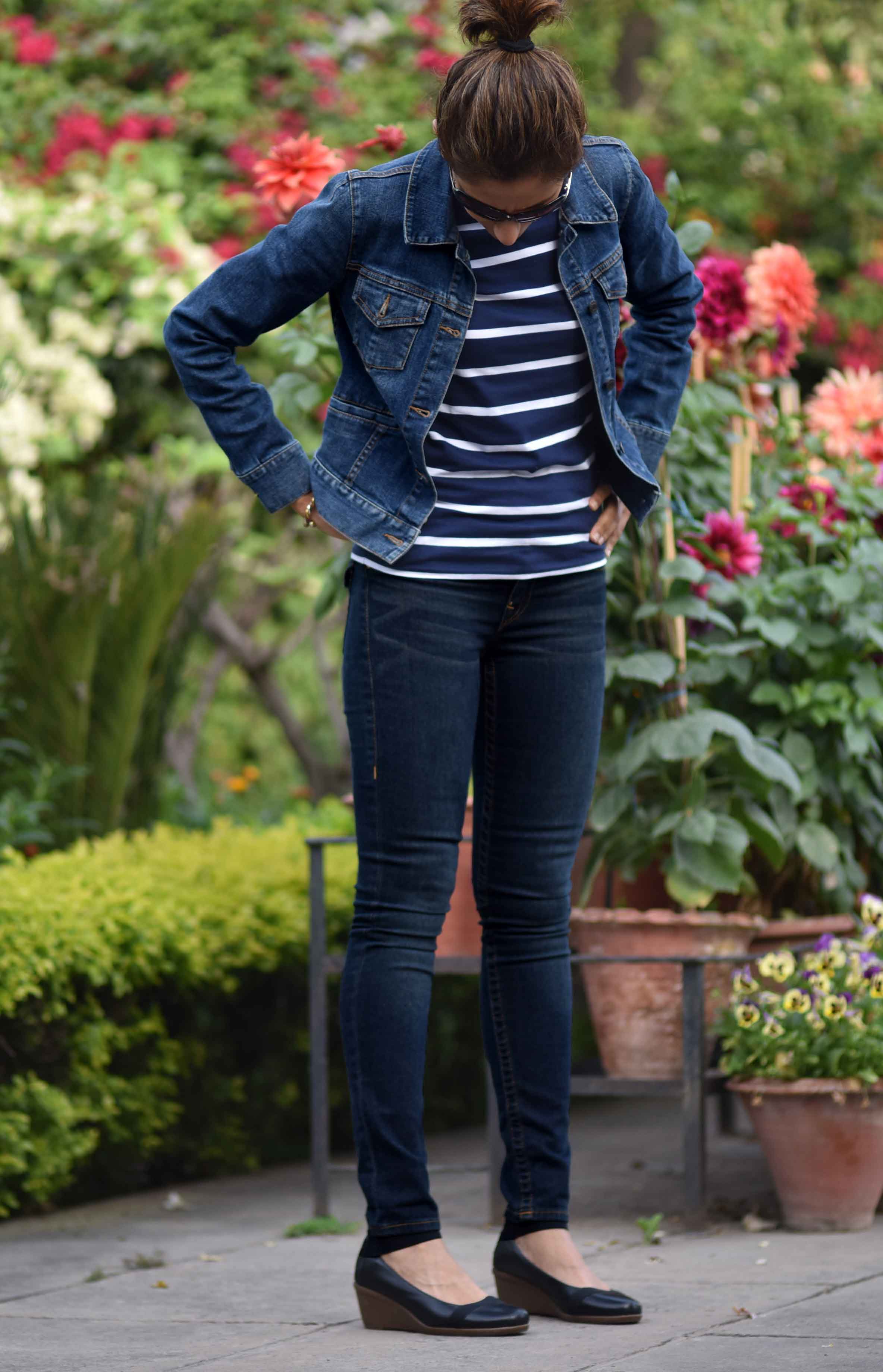 Denim on denim: Talbots denim jacket, True Religion jean leggings, striped Ralph Lauren tee. Image©gunjanvirk