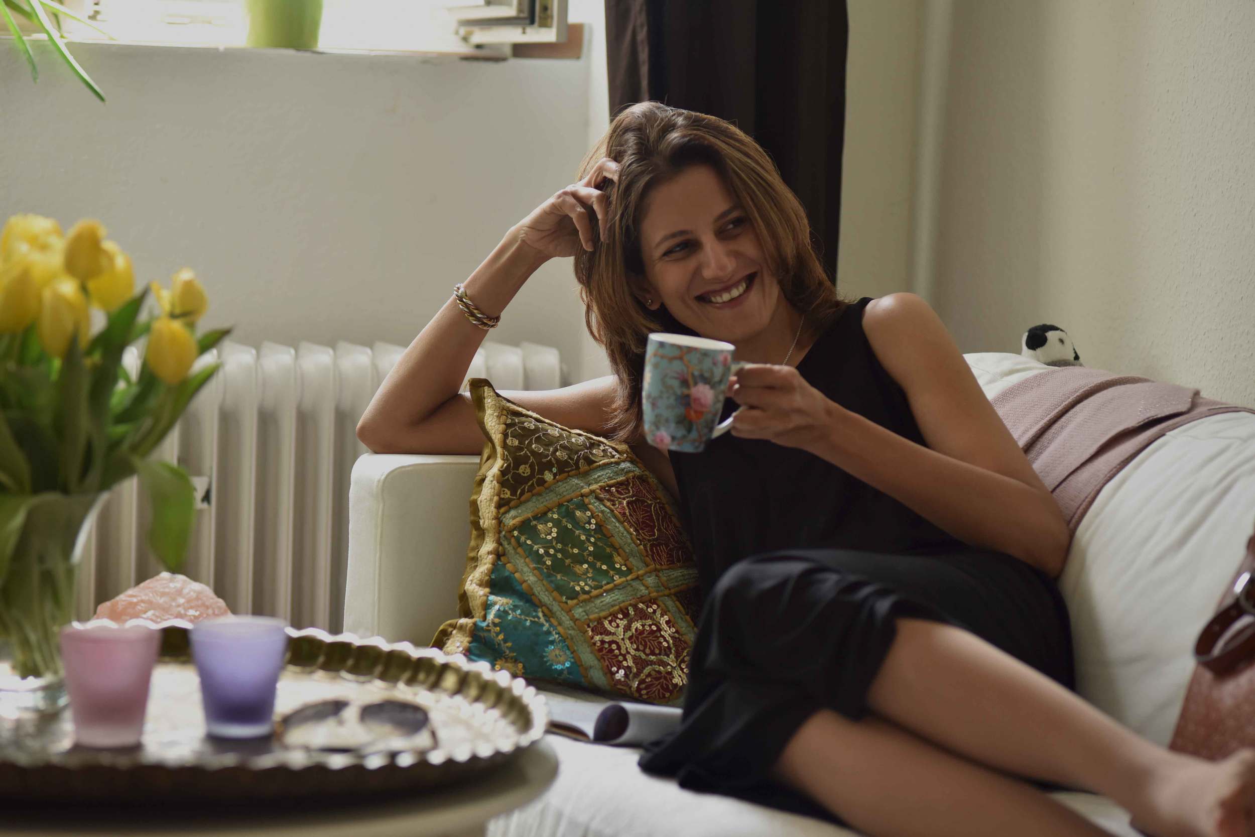Waking up to a cup of coffee in my Eileen Fisher black tank dress in viscose jersey, little black dress. Image©sourcingstyle.com, Photo: Nicola Nolting.