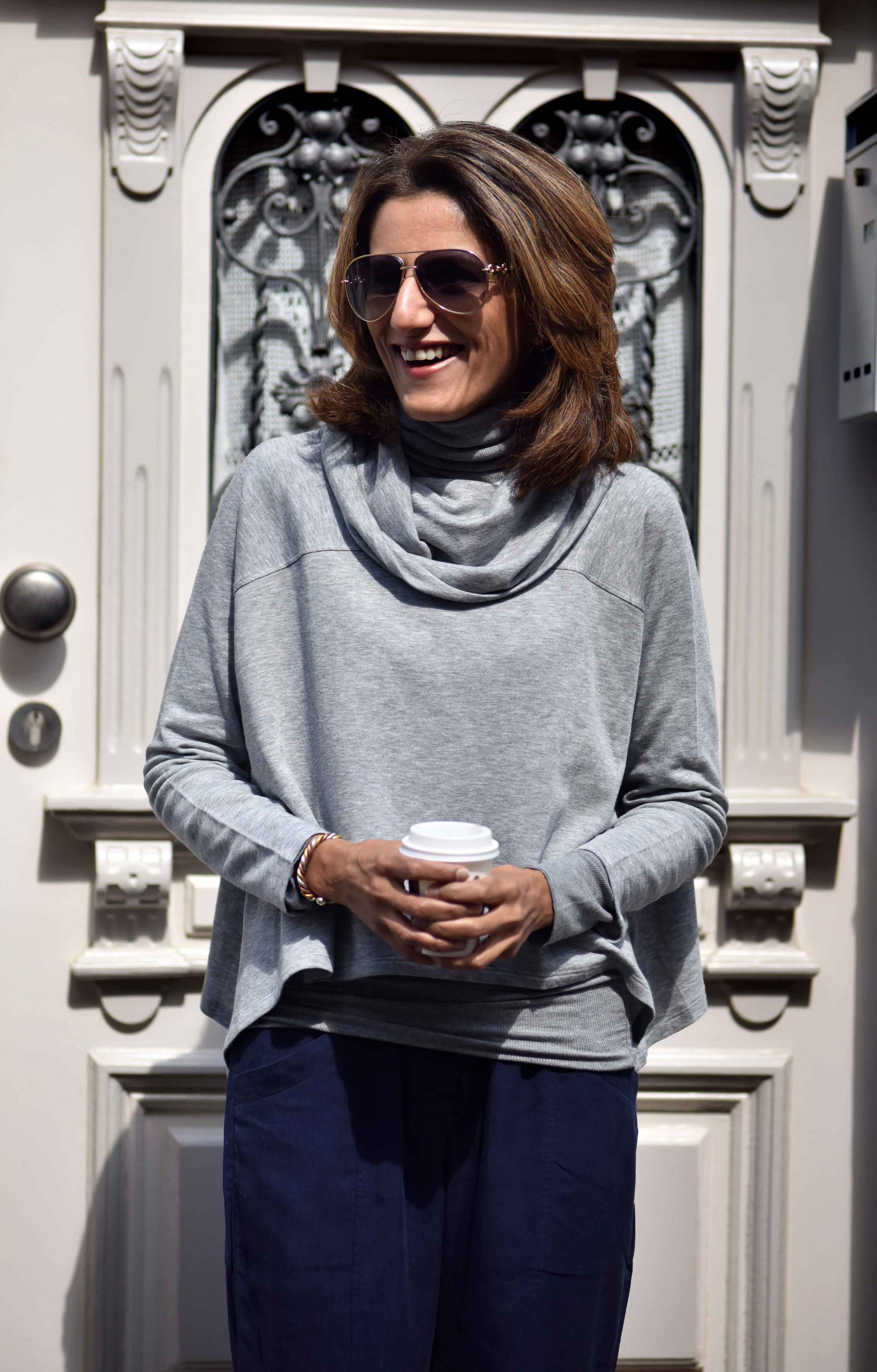 Eileen Fisher Cropped Tapered Lightweight Tencel Twill Pants in Midnight, Eileen Fisher Funnel Neck Drapey Tencel Terry Cropped Top in Moon. Image©sourcingstyle.com, Photo: Nicola Nolting