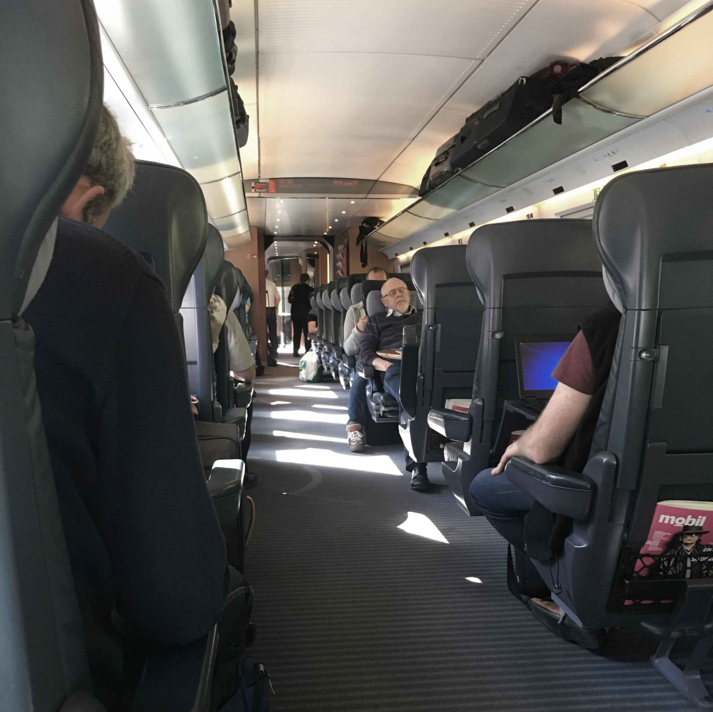 First class compartment, German ICE train, Inter City Express, Deutsche Bahn, Germany. Image©sourcingstyle.com