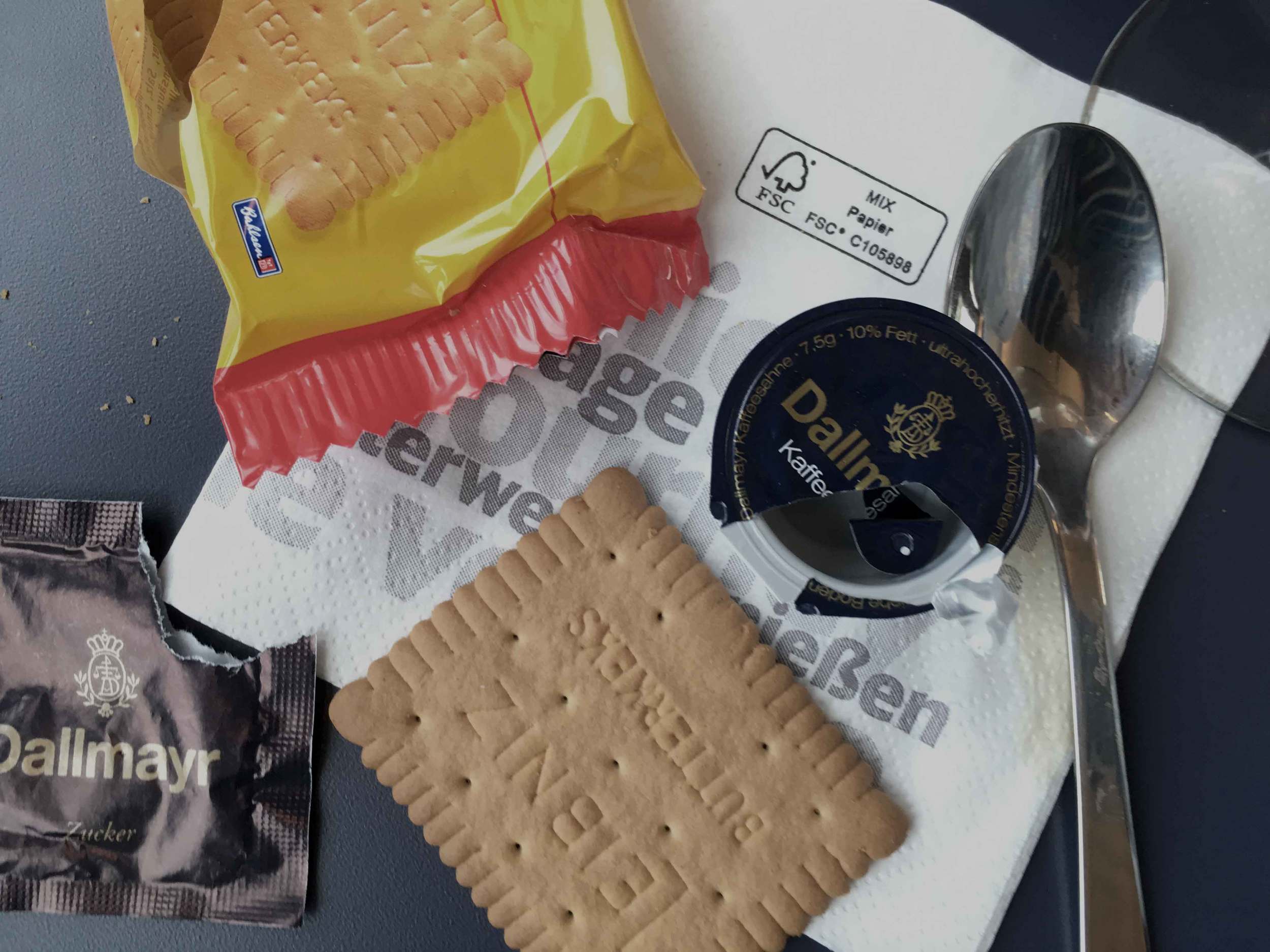 Leibniz cookies, snacks on board the German ICE train, Inter City Express, first class compartment, Deutsche Bahn, German rail. Image ©sourcingstyle.com