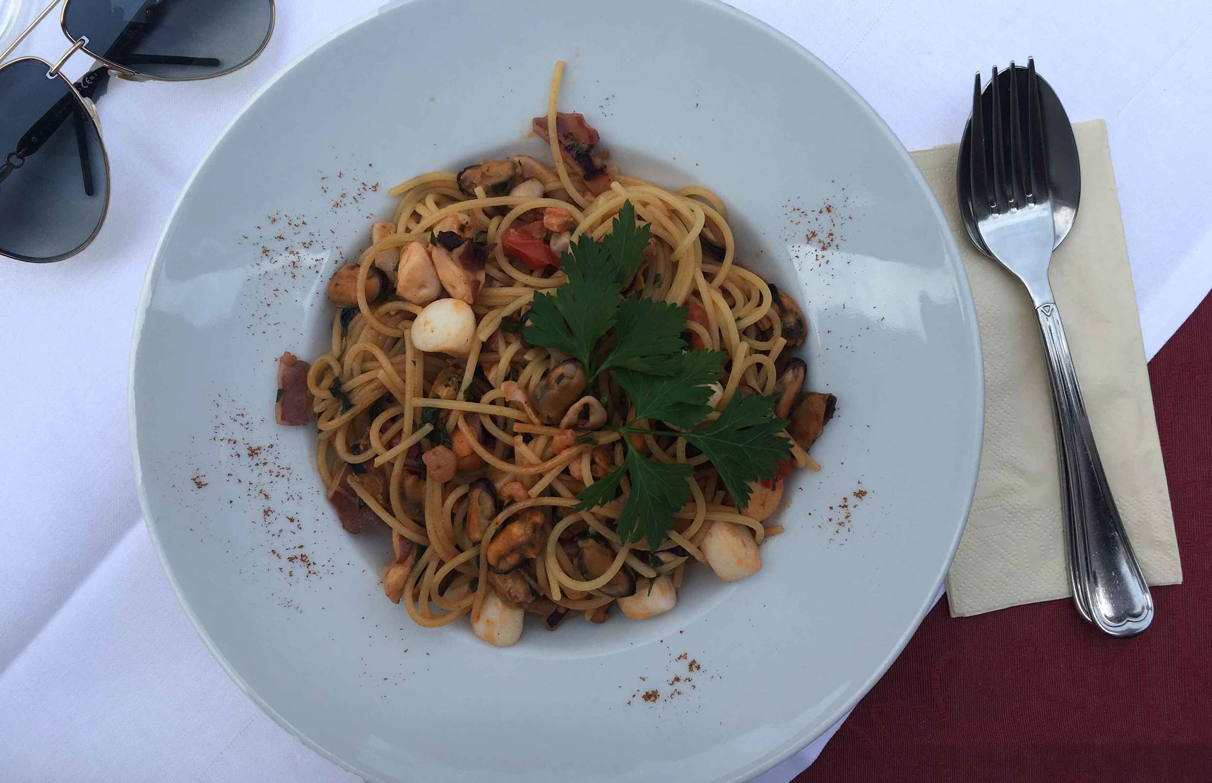 Pasta allo scoglio, seafood pasta, Italian restaurant, Baden Baden, Germany. Image©sourcingstyle.com