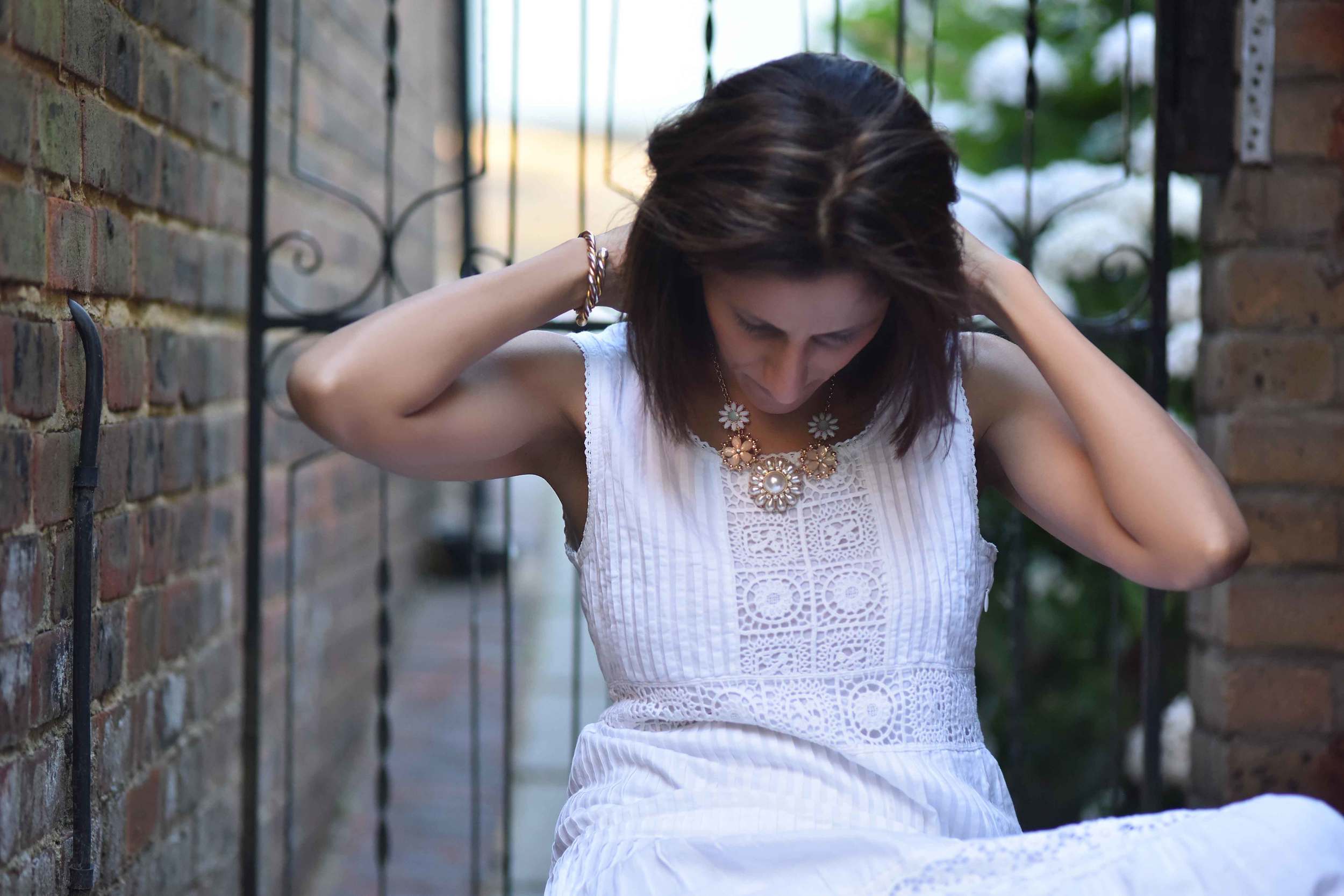 White Chicos lace and crochet maxi dress, necklace from Primark, image©sourcingstyle.com