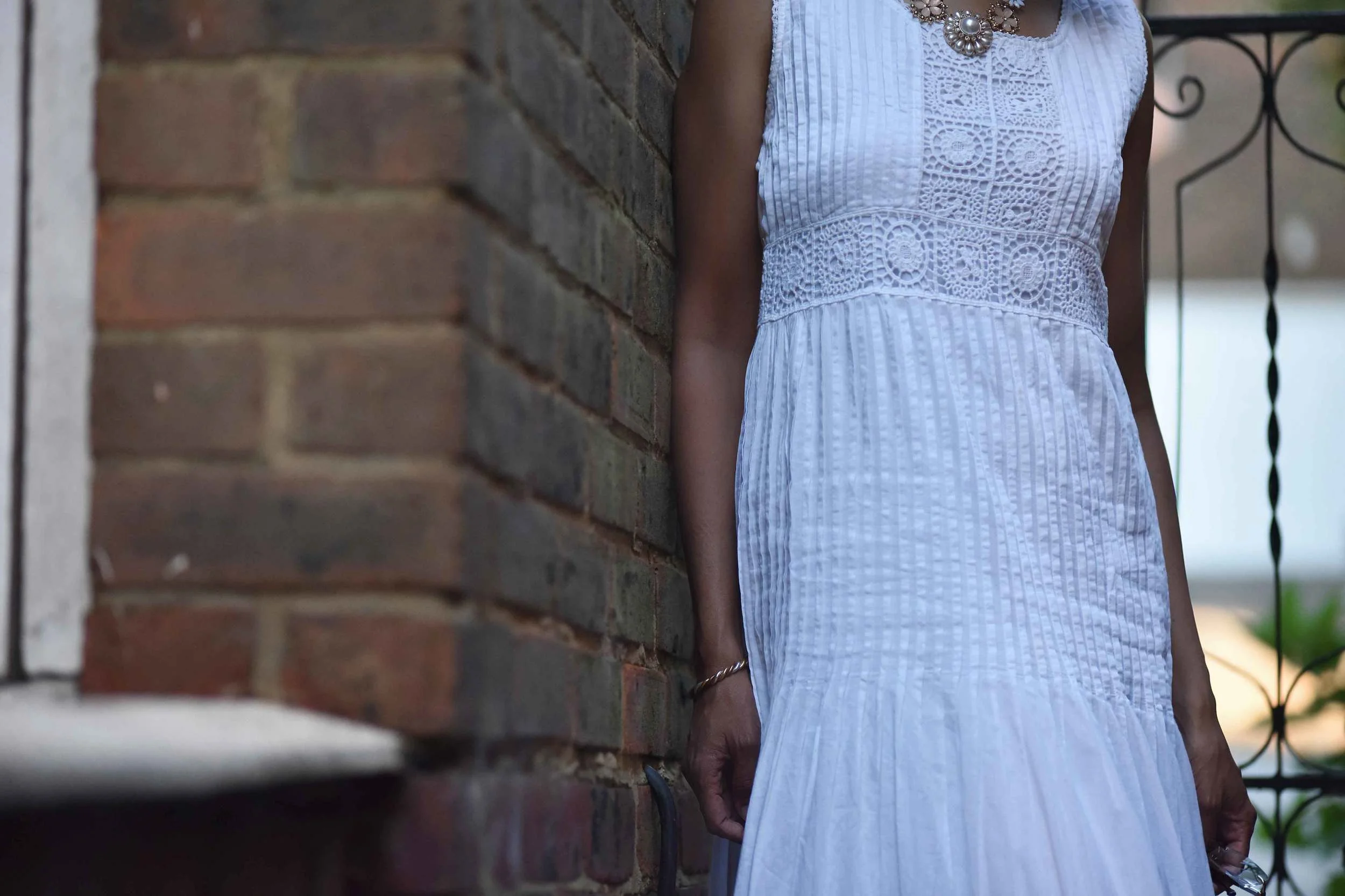 White Chicos lace and crochet maxi dress, necklace from Primark, image©sourcingstyle.com