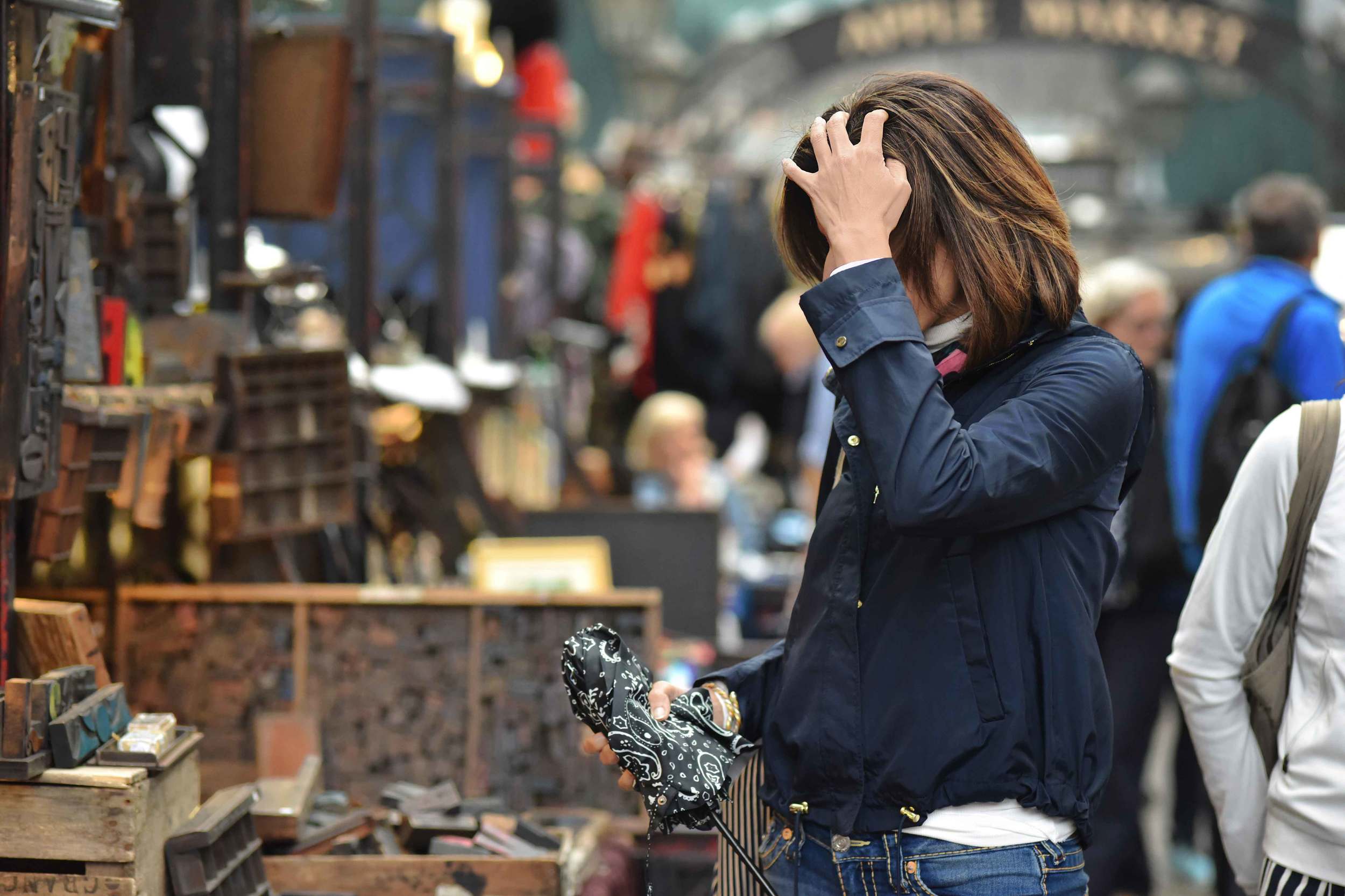 Zara water repellent jacket, Zara printed pocket square, Zara bandana print umbrella, True Religion jeans, Apple Market, Covent Garden, London, UK. Image©sourcingstyle.com