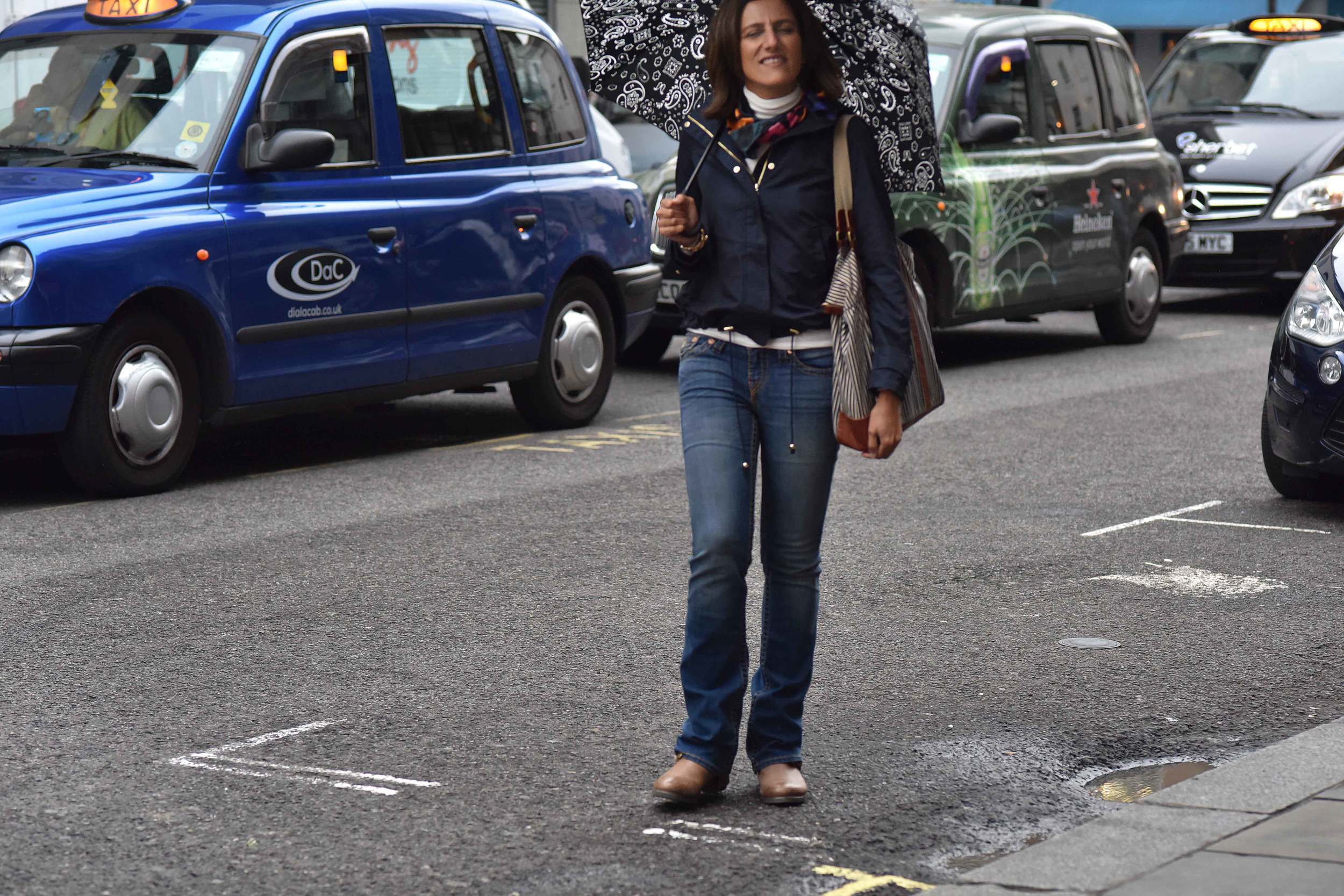 Zara water repellent jacket, Ralph Lauren polo sweater, Zara printed pocket square, Zara bandana print umbrella, True Religion jeans, Uggs boots, in front of London cabs, Covent Garden, London, UK. Image©sourcingstyle.com
