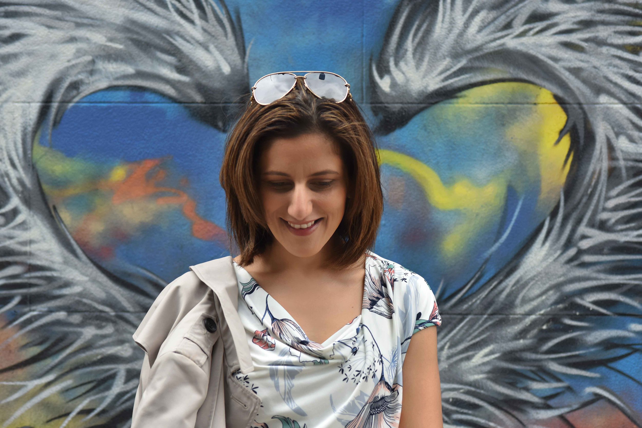 MNS dress, Graffiti artwork, Bricklane, street fashion, street art, Shoreditch, London, U.K. Photo: Nina Shaw, Image©sourcingstyle.com
