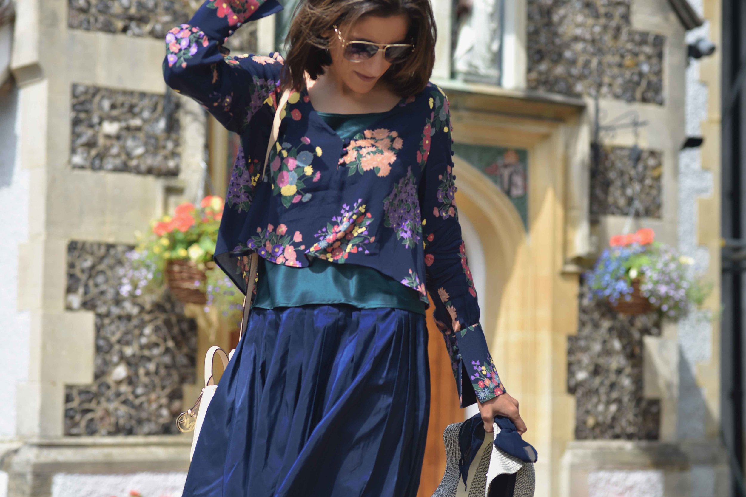 Zara floral top, Talbots silk Taffeta skirt, Talbots silk camisole, M&S hat. Image©sourcingstyle.com
