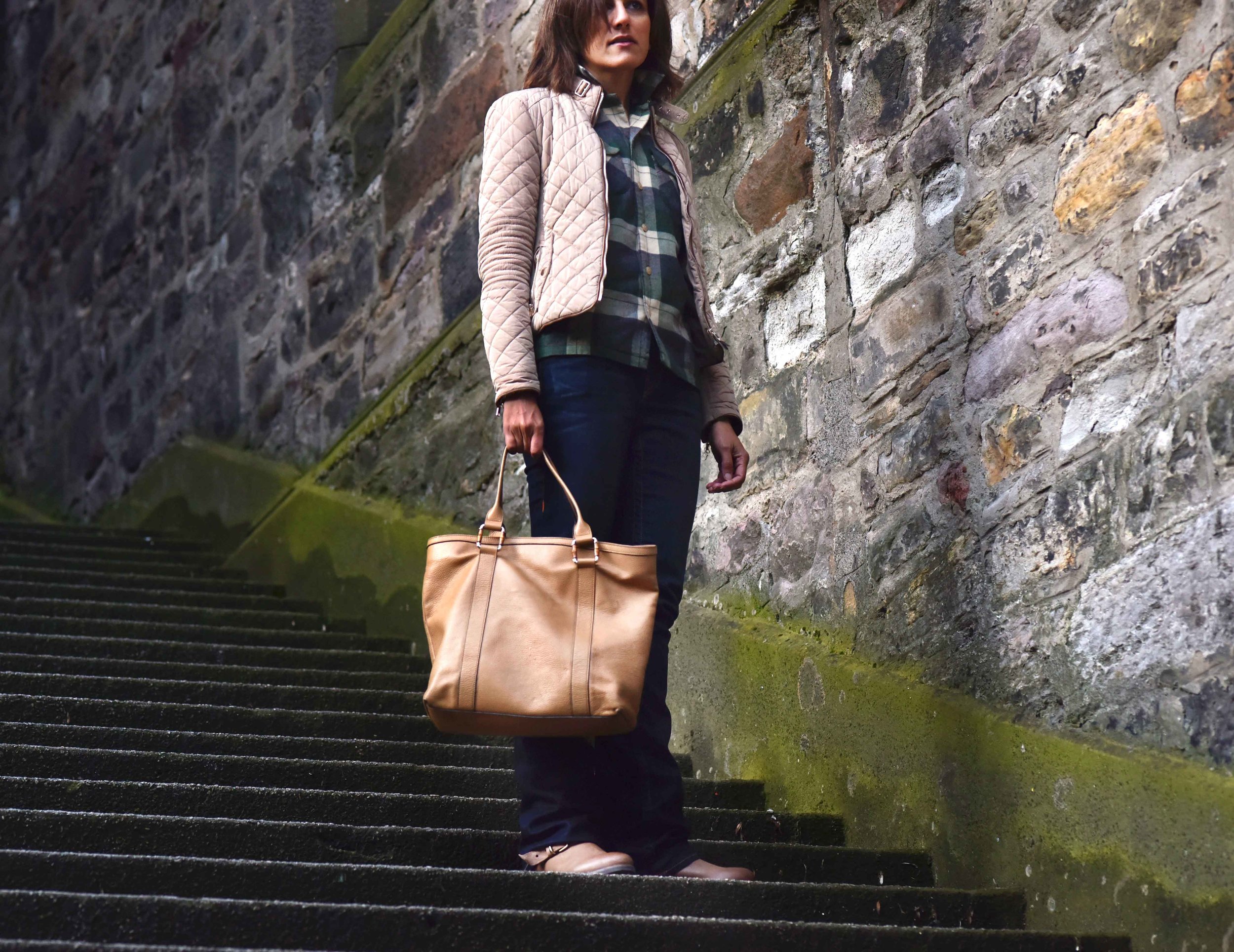 Ralph Lauren check shirt, Zara quilted jacket, True Religion jeans, Gucci bag, Edinburgh, Scotland. Image©sourcingstyle.com