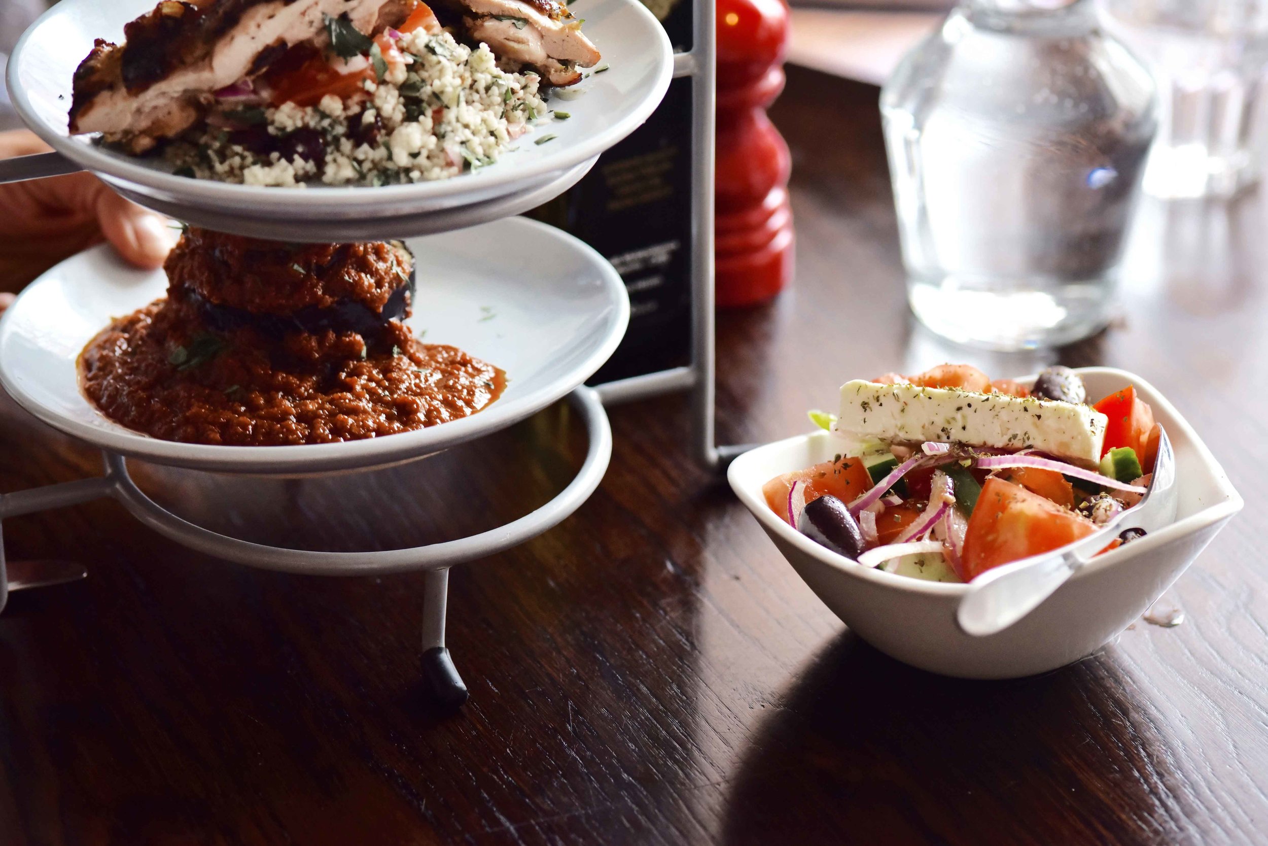 Lunch ideas, salad, fish & aubergines, Real Greek restaurant, London. Image©sourcingstyle.com