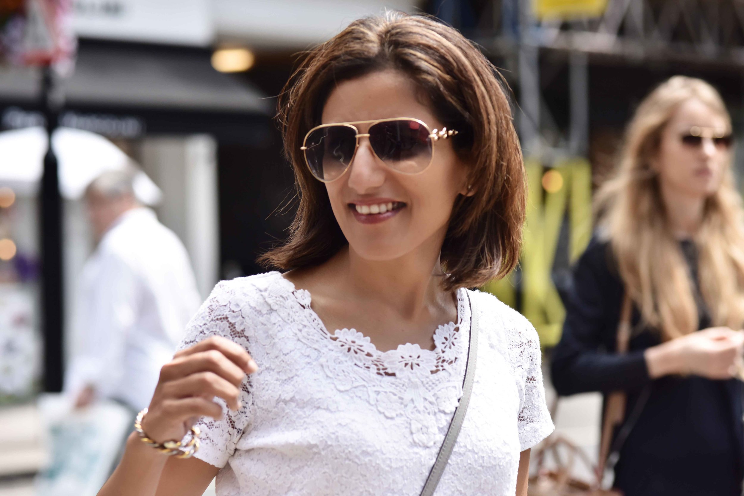 Summer street style, Marks & Spencer white lace top, London. Image©sourcingstyle.com